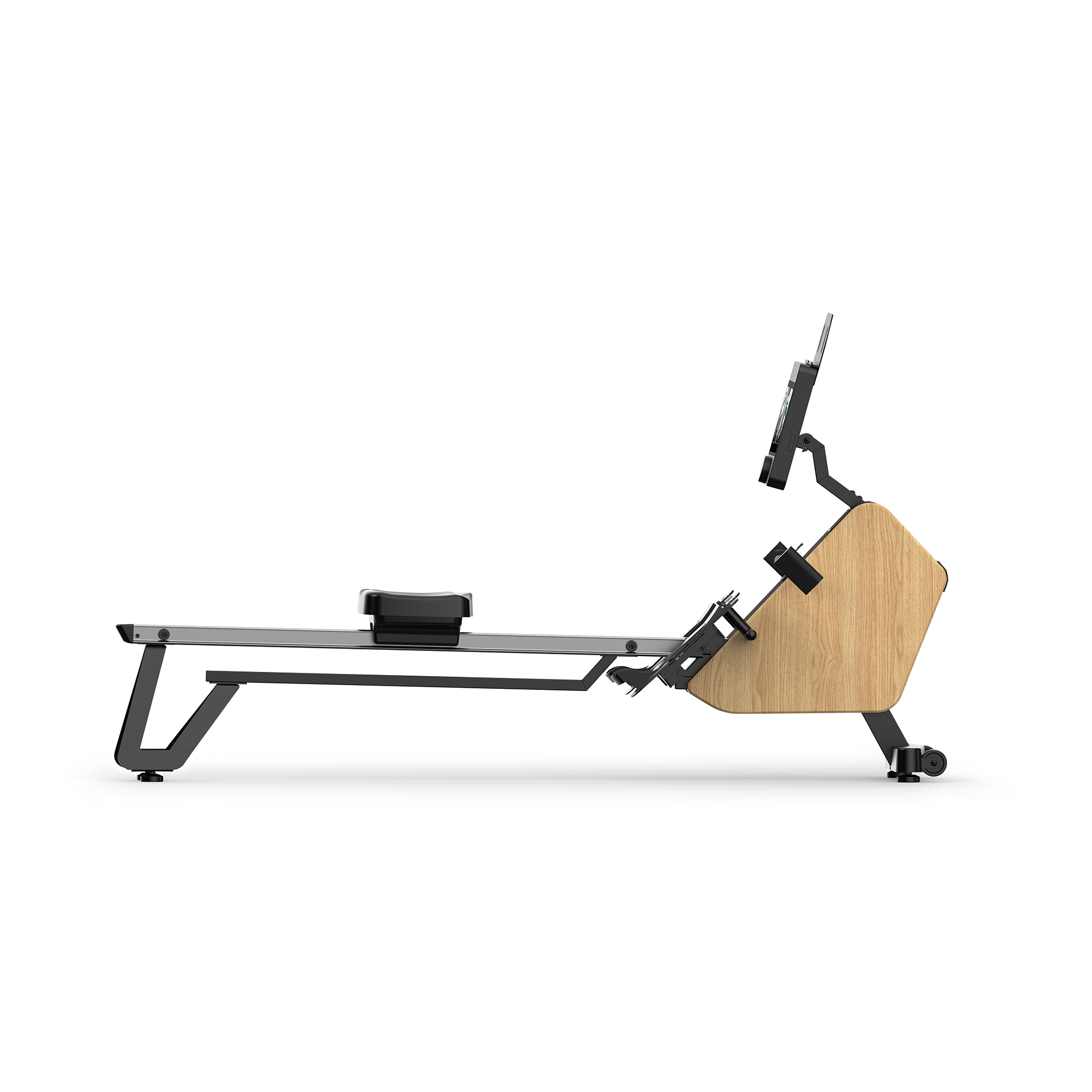 Ein schwarzer Heimtrainer mit Holzdetails und einem Bildschirm.
