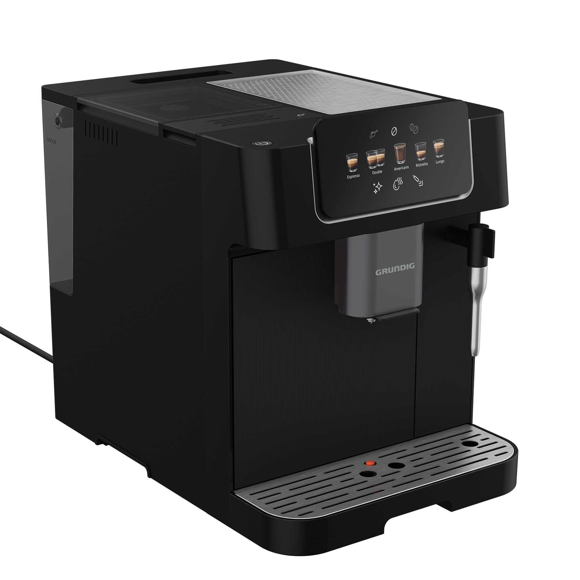 Schwarze Kaffeemaschine mit Touchscreen-Bedienfeld, Milchaufschäumer und Tropfschale.