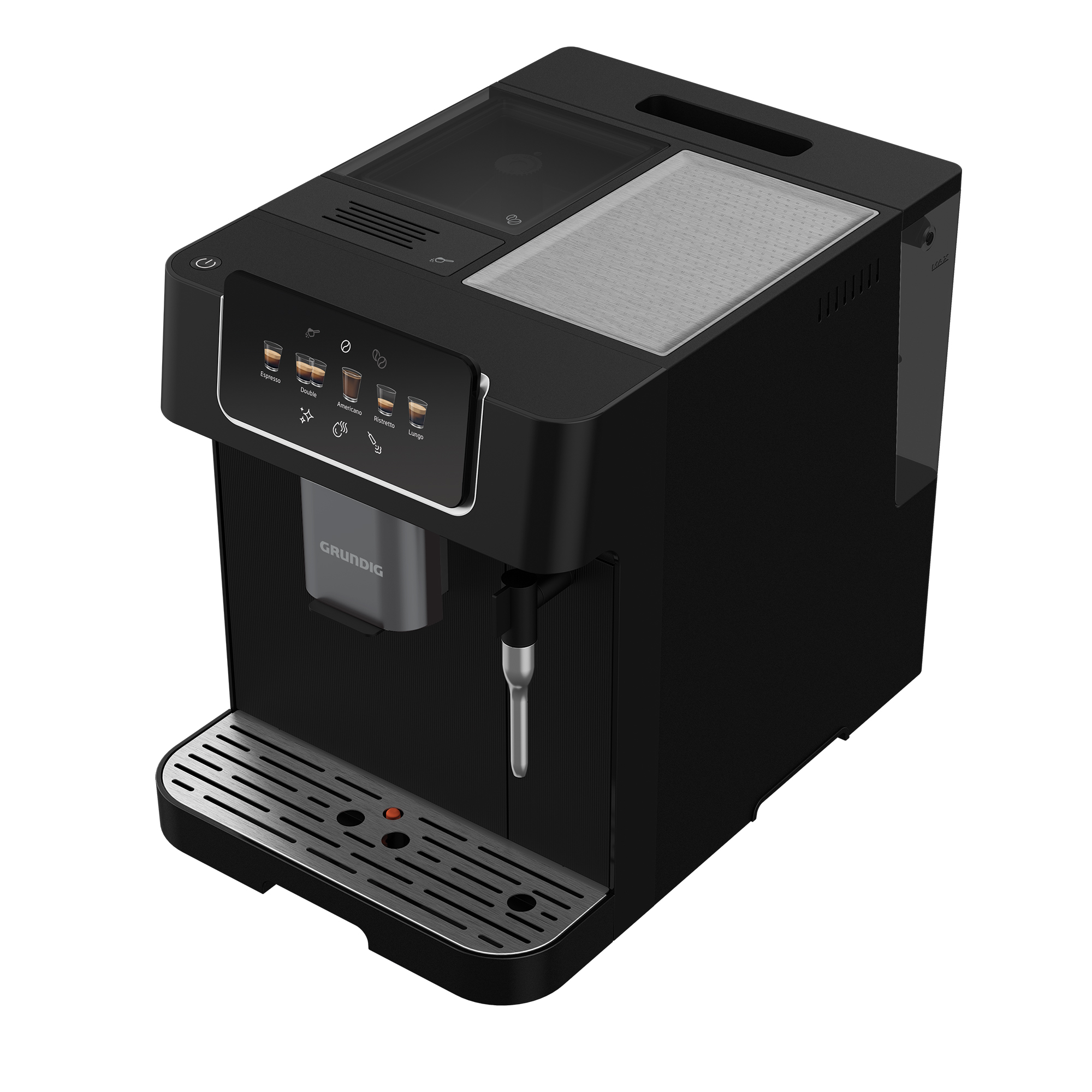 Schwarze Kaffeemaschine mit Touchscreen und silberner Abtropffläche.