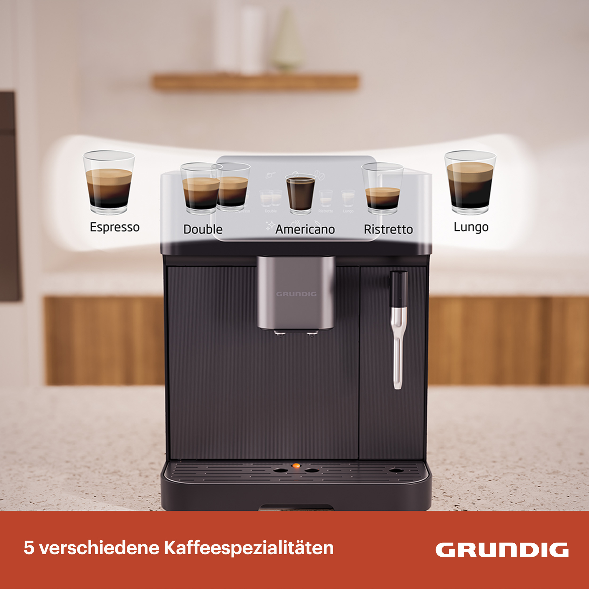 Eine Kaffeemaschine mit fünf Gläsern Kaffee: Espresso, Double, Americano, Ristretto, Lungo.