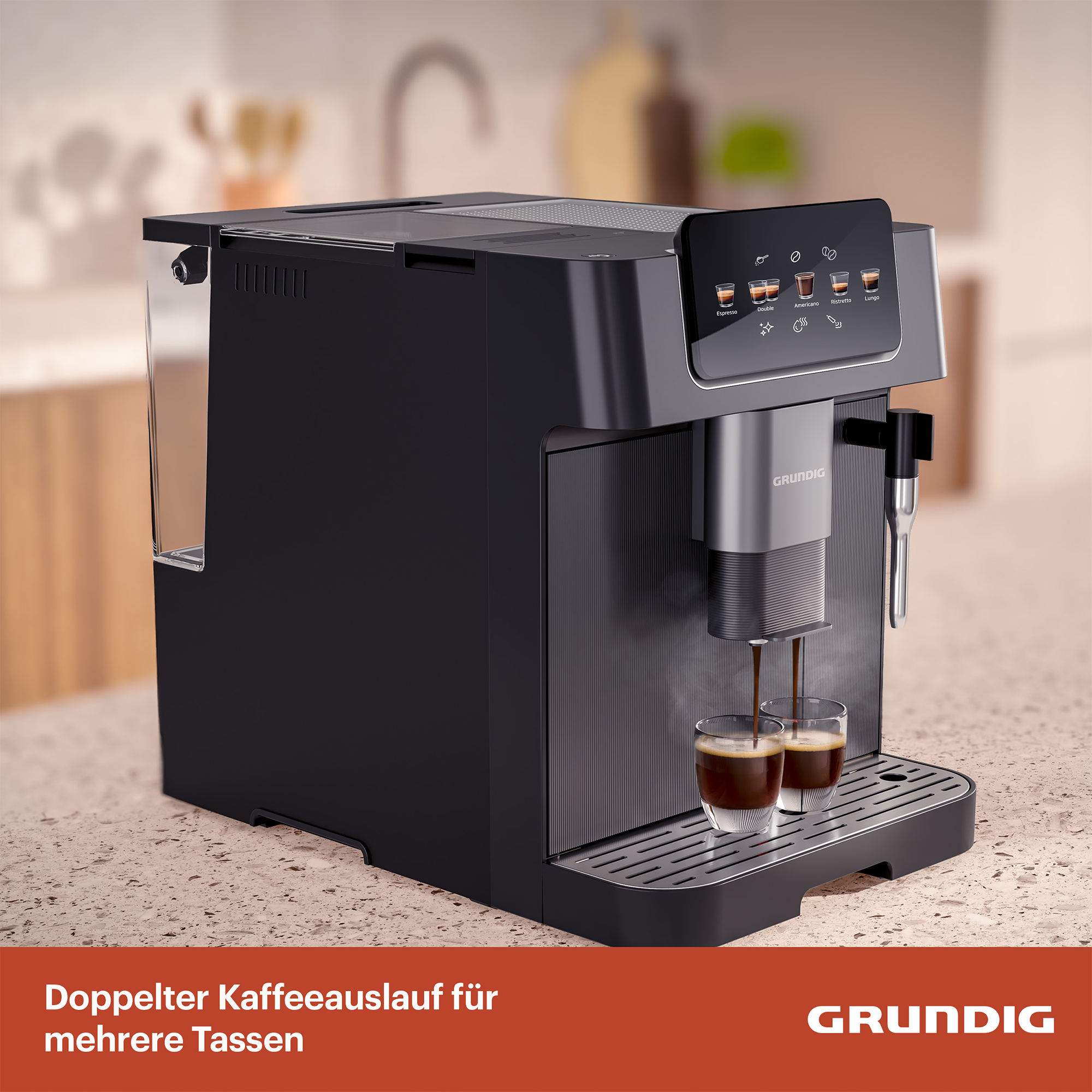 Eine schwarze Kaffeemaschine brüht zwei Espressi in kleine Gläser.