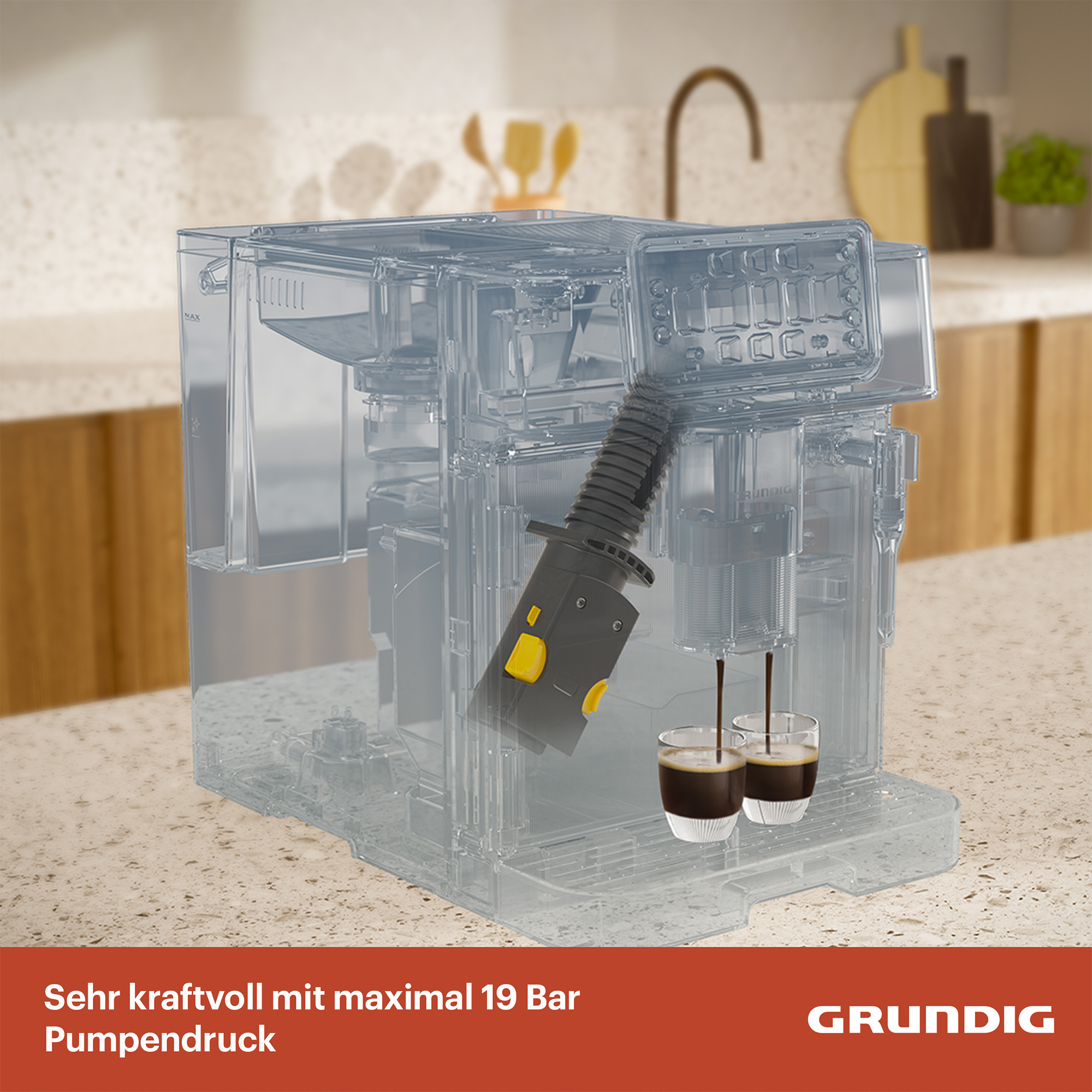 Kaffeemaschine brüht zwei Espressi in Gläser, transparentes Gehäuse, Küchentheke.