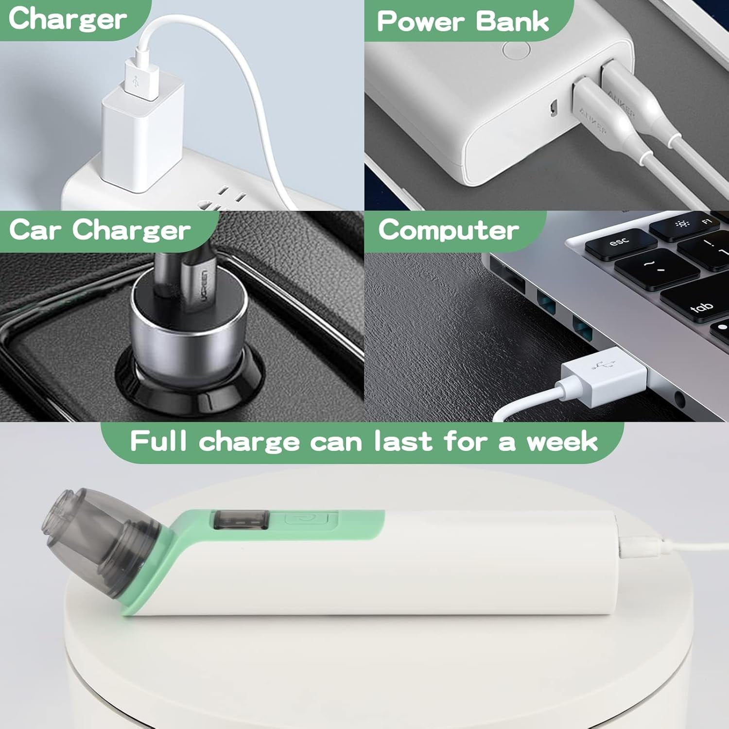 Vier Ladeoptionen: Netzteil, Powerbank, Autoladegerät, Computer. Unten: ein weißes Gerät.