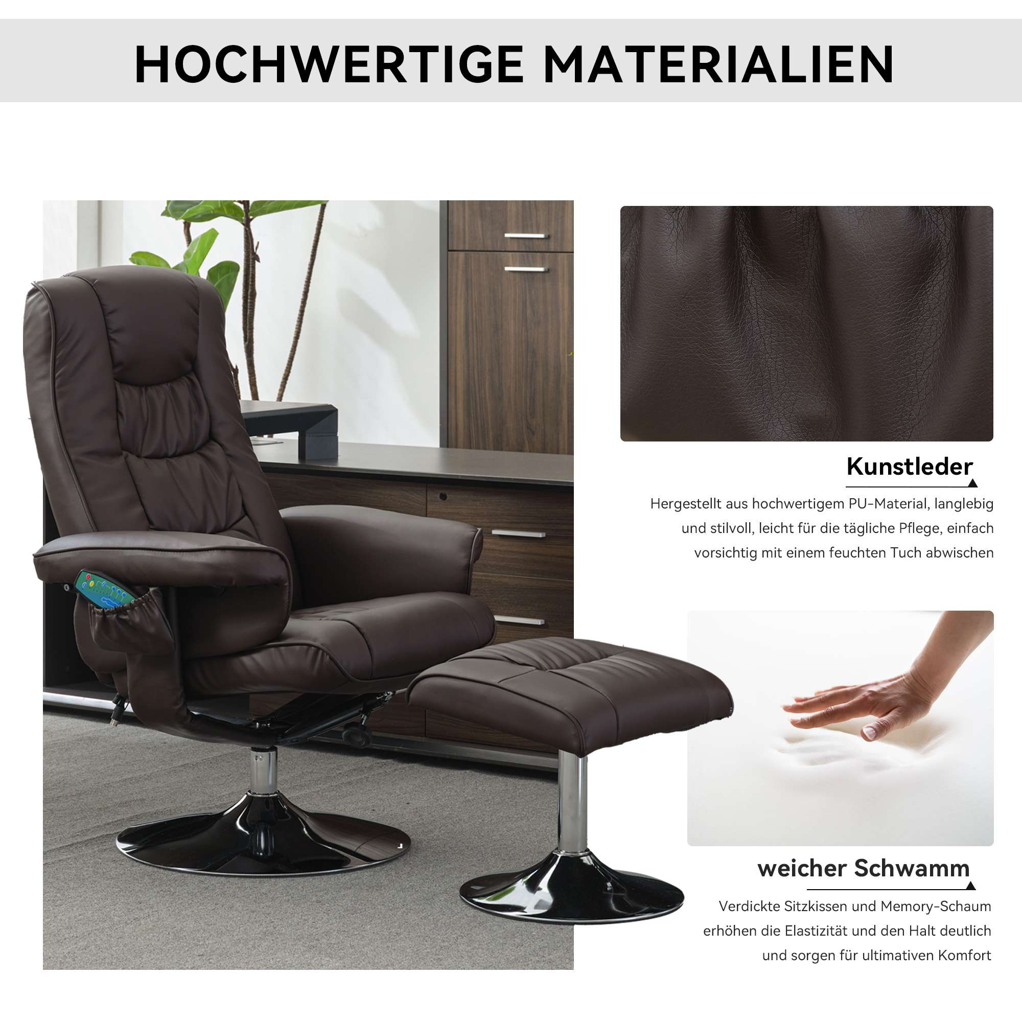 Dunkelbrauner Massagesessel mit Hocker, aus Kunstleder und weichem Schaumstoff.