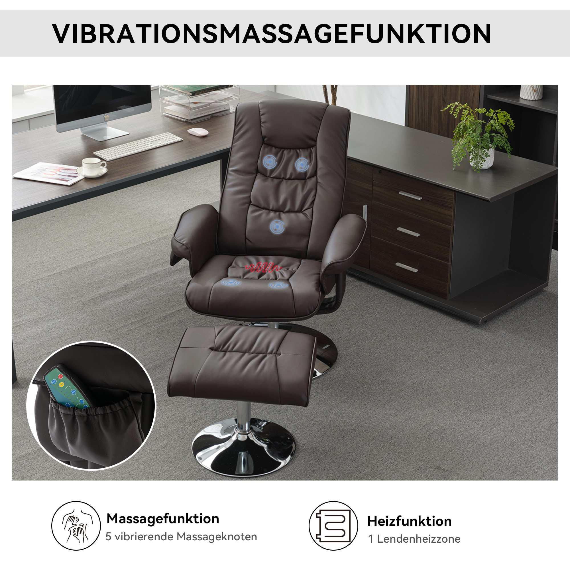 Ein brauner Ledersessel mit Massagefunktion und Hocker in einem Büro.