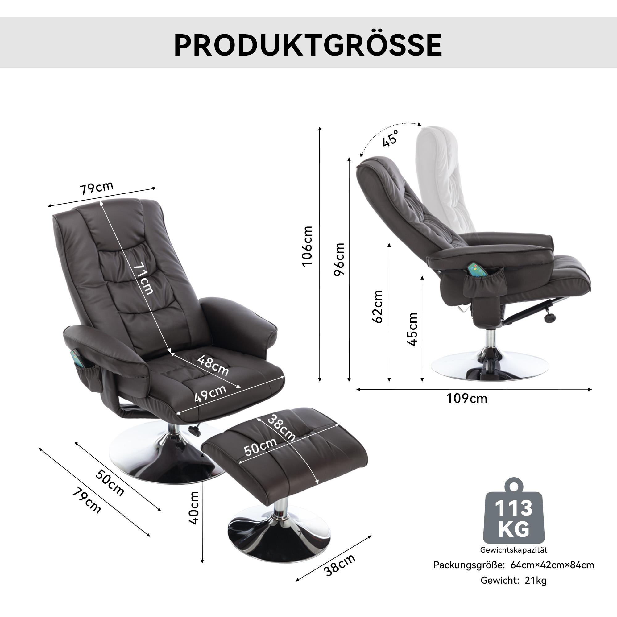 Brauner Ledersessel mit Fußhocker und Maßen in cm.