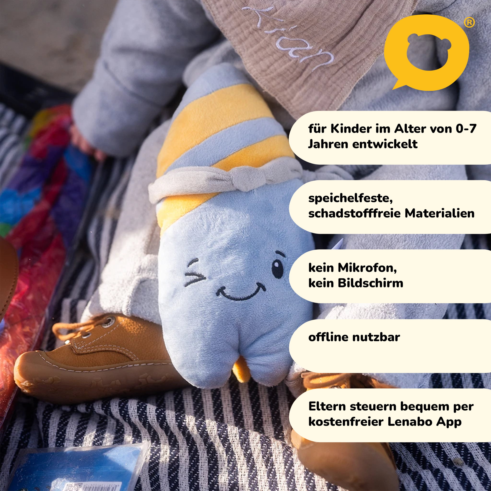 Ein Stofftier für Kinder von 0-7 Jahren, sicher und offline nutzbar.