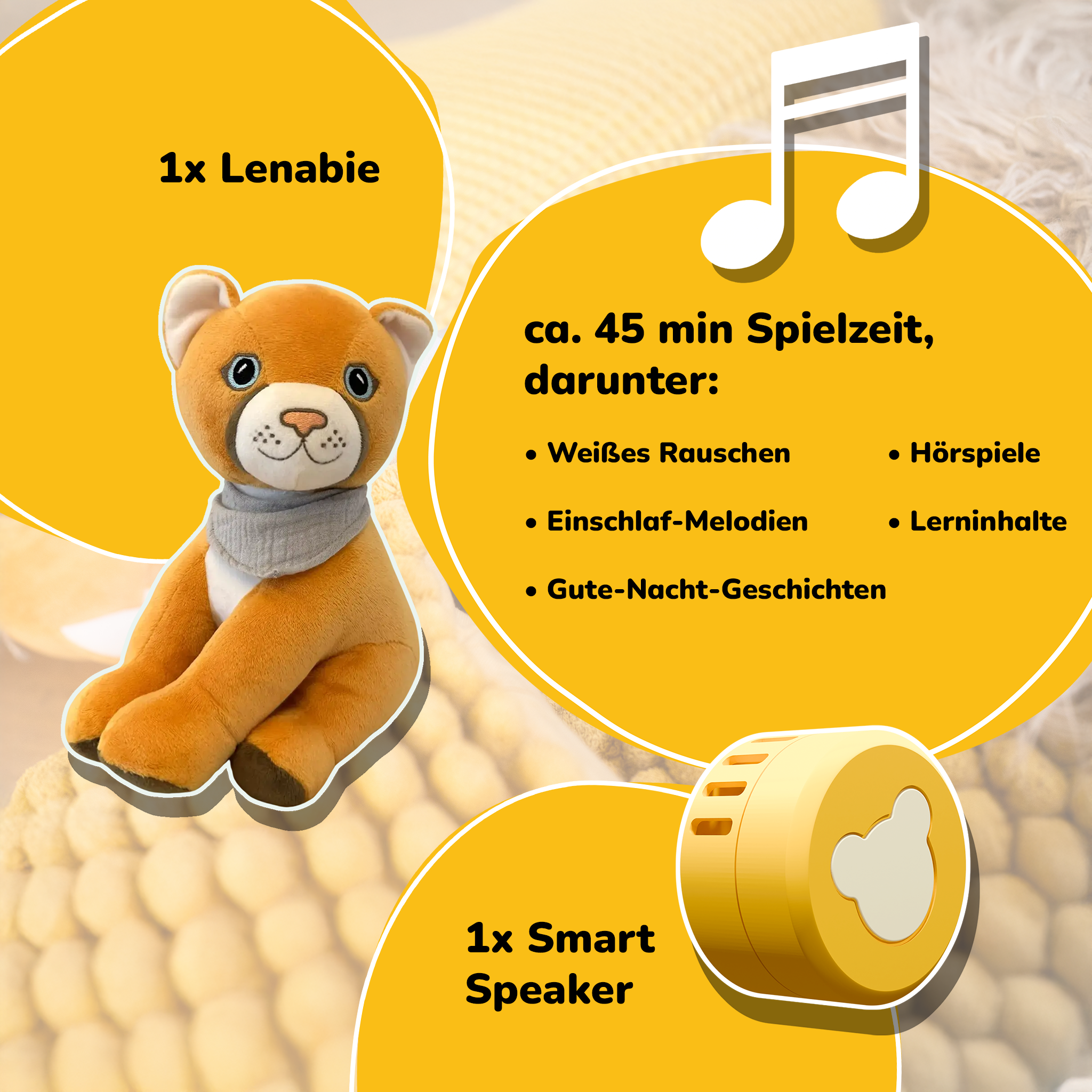 Ein brauner Teddybär mit grauem Schal neben einem gelben Smart Speaker.