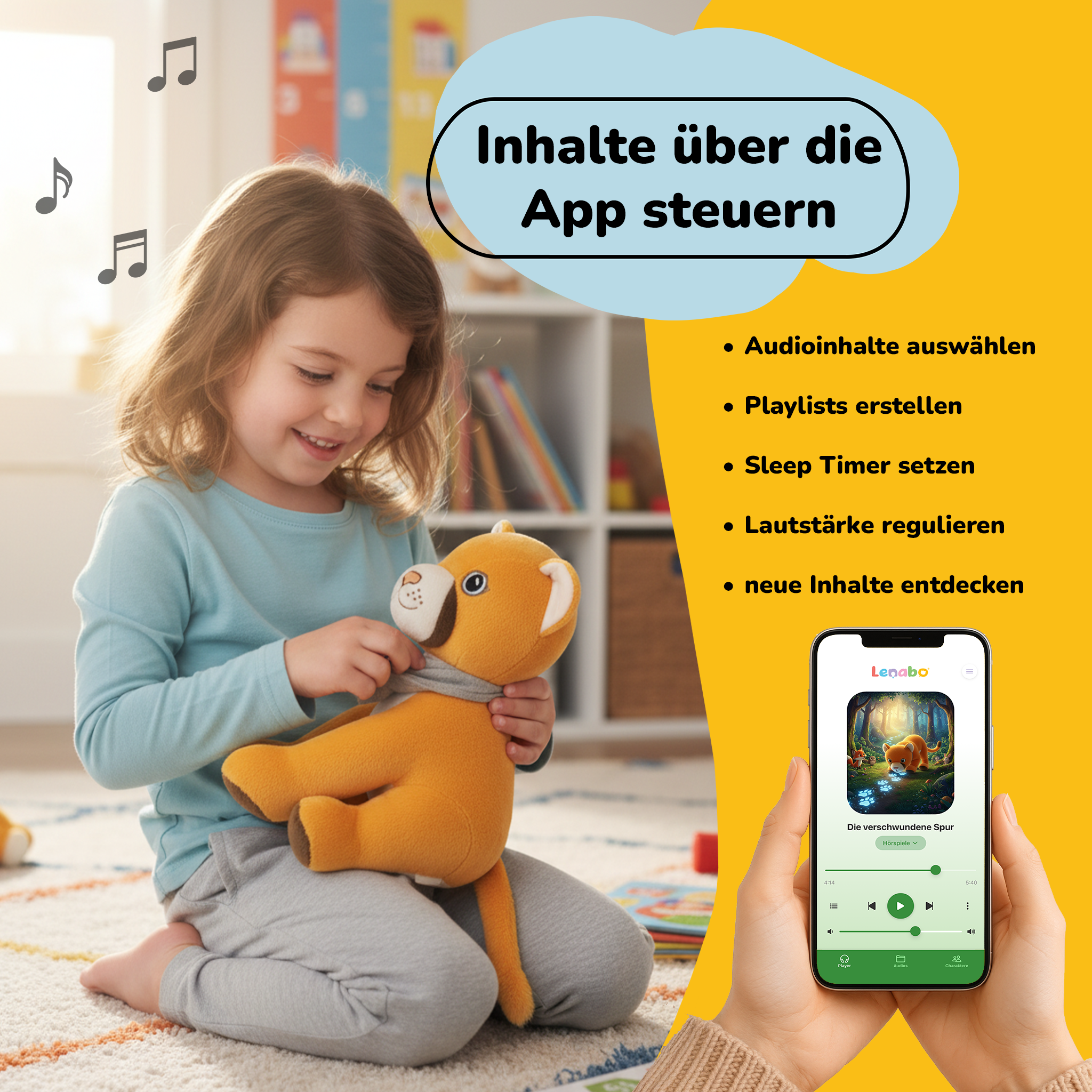 Mädchen mit Kuscheltier und App-Steuerung im Hintergrund.