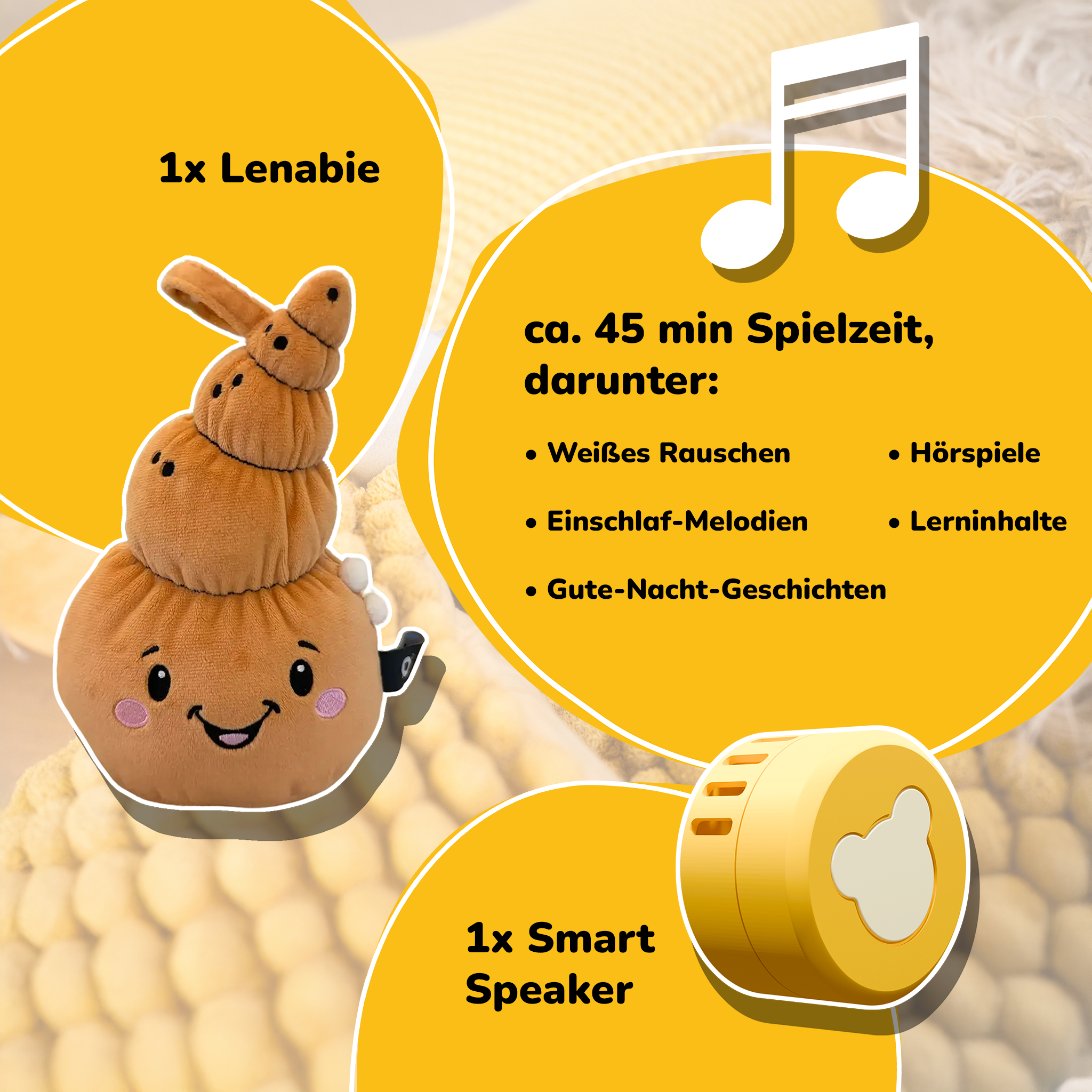 Un peluche marrone con note musicali e uno smart speaker.