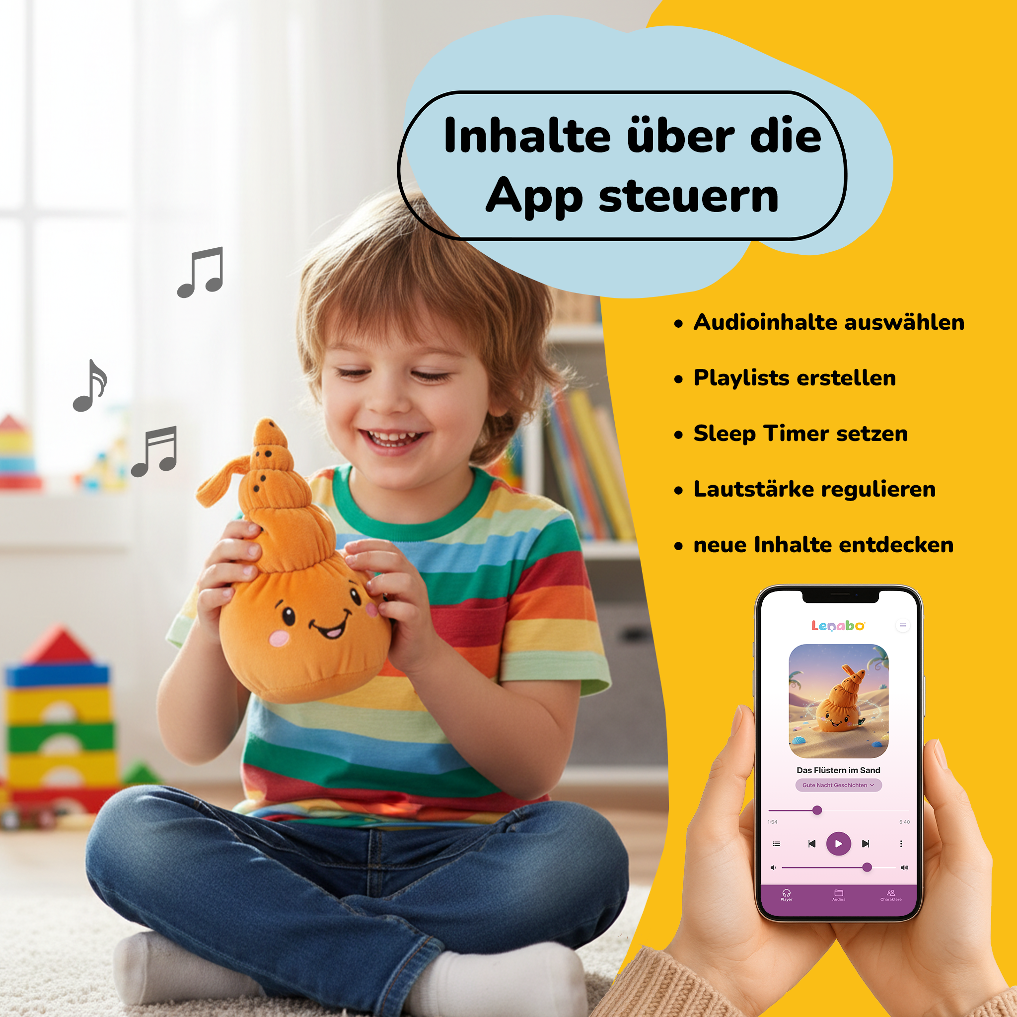 Un bambino tiene un giocattolo a forma di lumaca. Un telefono mostra un'app musicale.