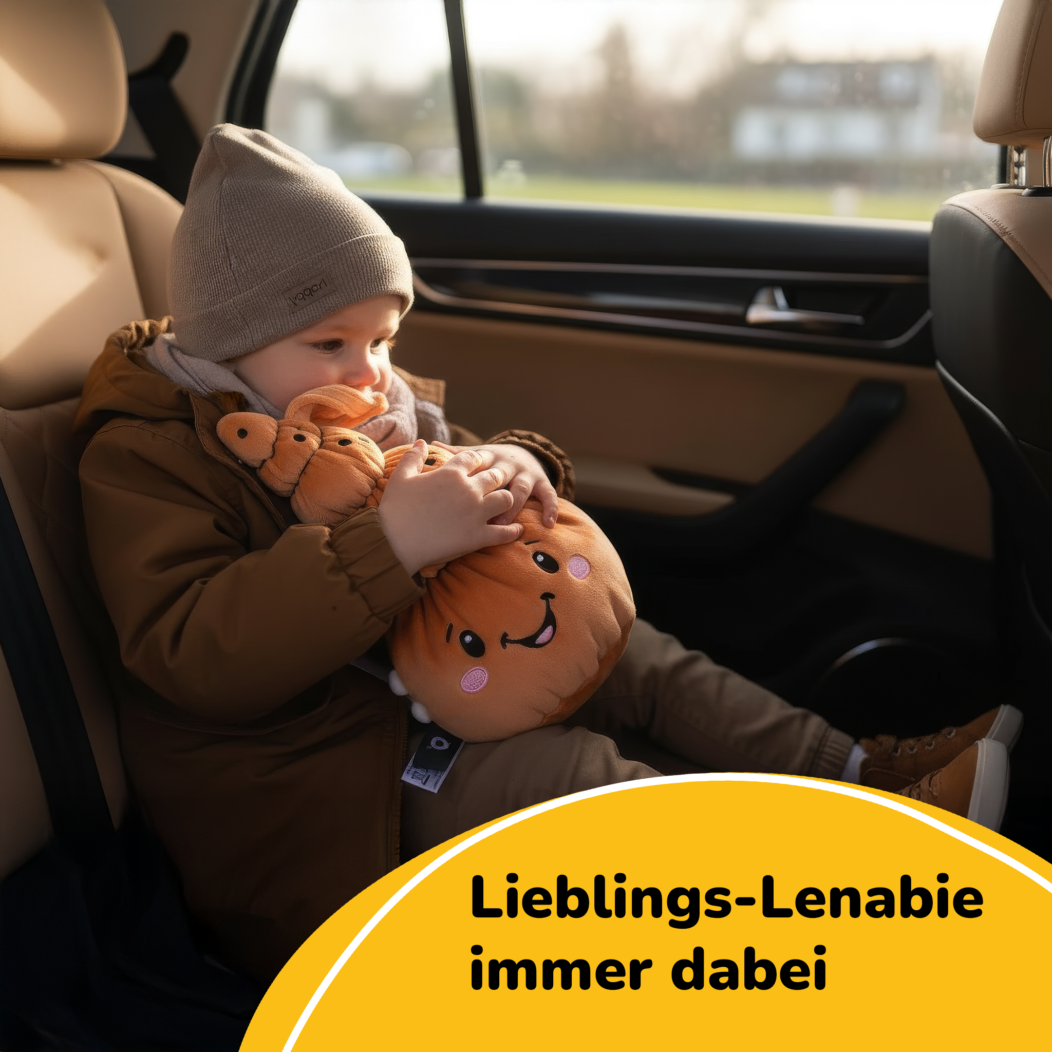 Un bambino in macchina tiene un peluche arancione.