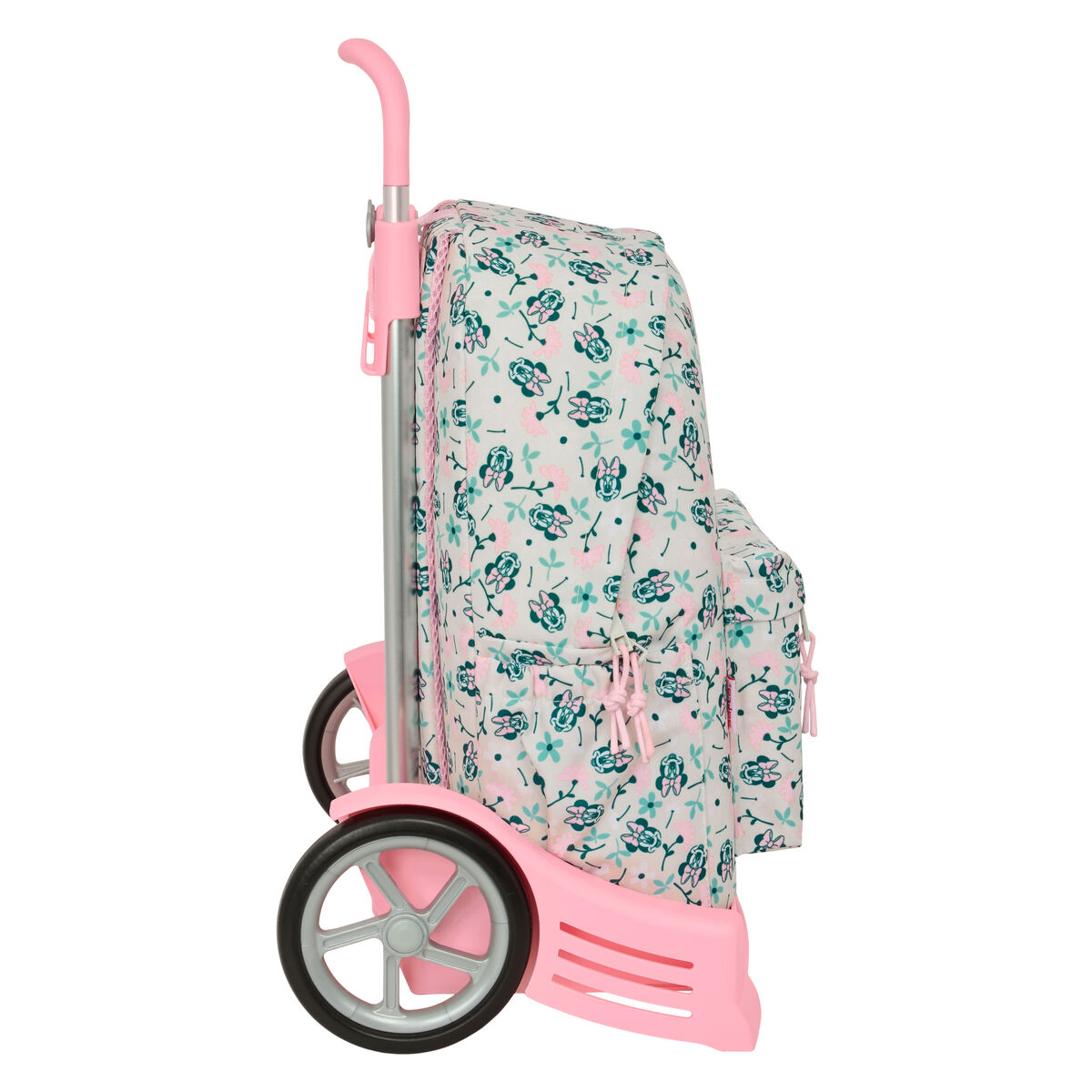 Ein pinker Trolley mit Blumenmuster und Minnie Maus-Motiven.