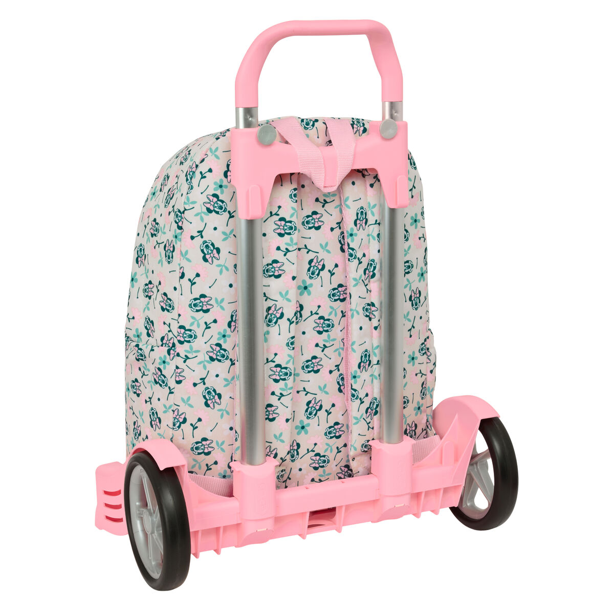 Ein pinker Rollrucksack mit einem Blumenmuster aus blauen und pinken Blumen auf cremefarbenem Grund.