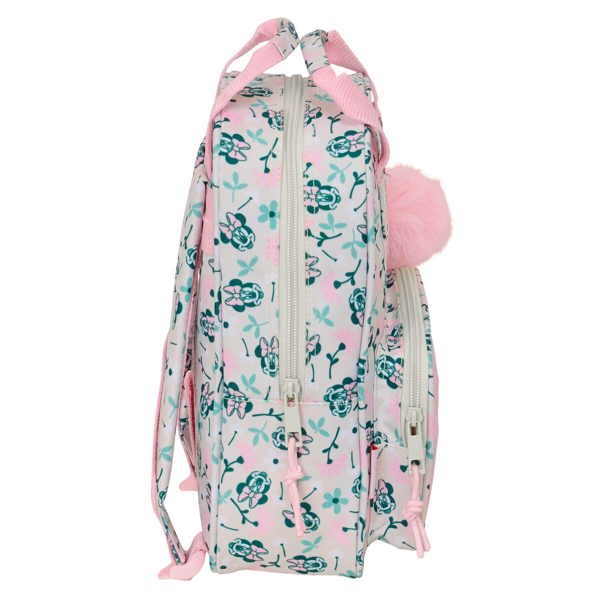 Rucksack mit Blumenmuster und pinkem Bommel. Rosa Träger und Reißverschlüsse.