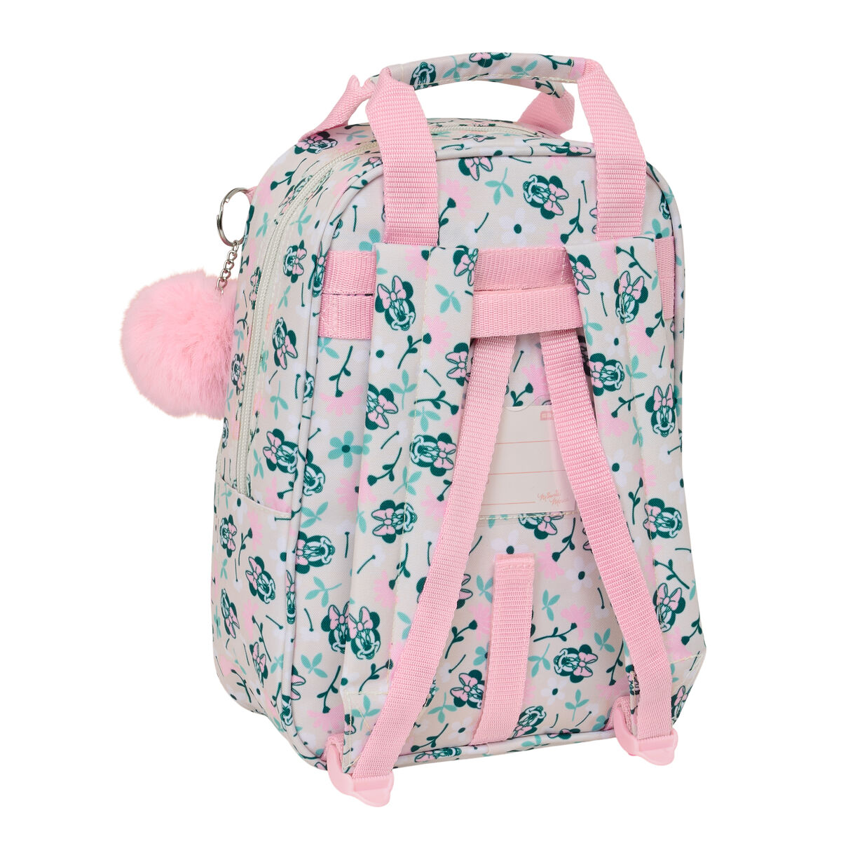 Ein Rucksack mit Blumenmuster und Minnie Maus, mit rosa Trägern und einem rosa Bommel.