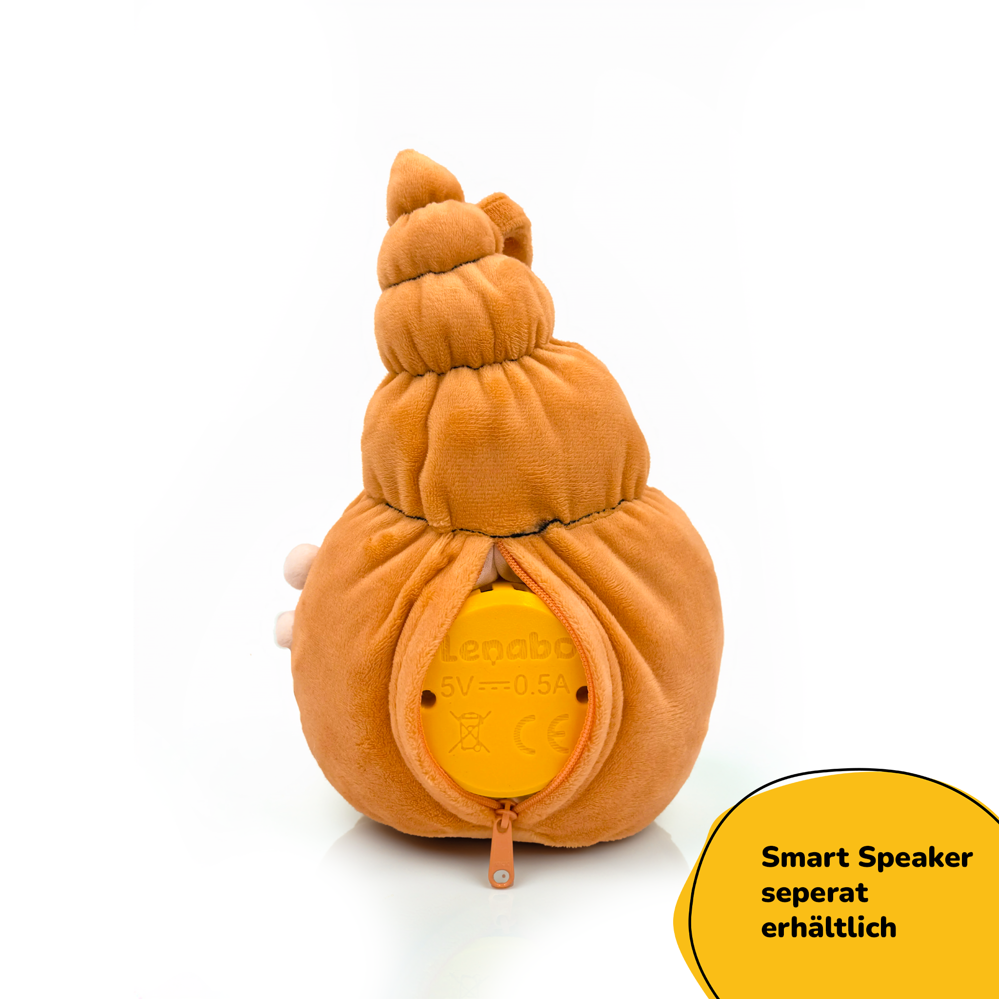 Ein orangefarbener Plüschlautsprecher in Form einer Schnecke mit offenem Reißverschluss.