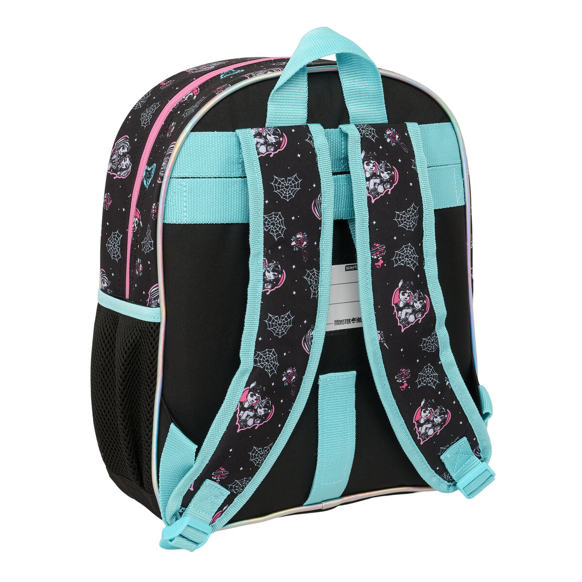 Schwarzer Rucksack mit Monster High-Motiv und türkisen Trägern.
