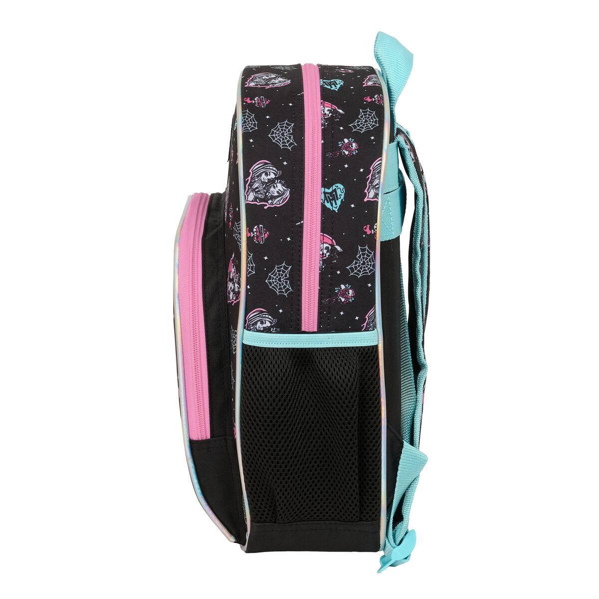 Schwarzer Rucksack mit pinken Reißverschlüssen, Spinnennetzen und Totenkopf-Motiven.