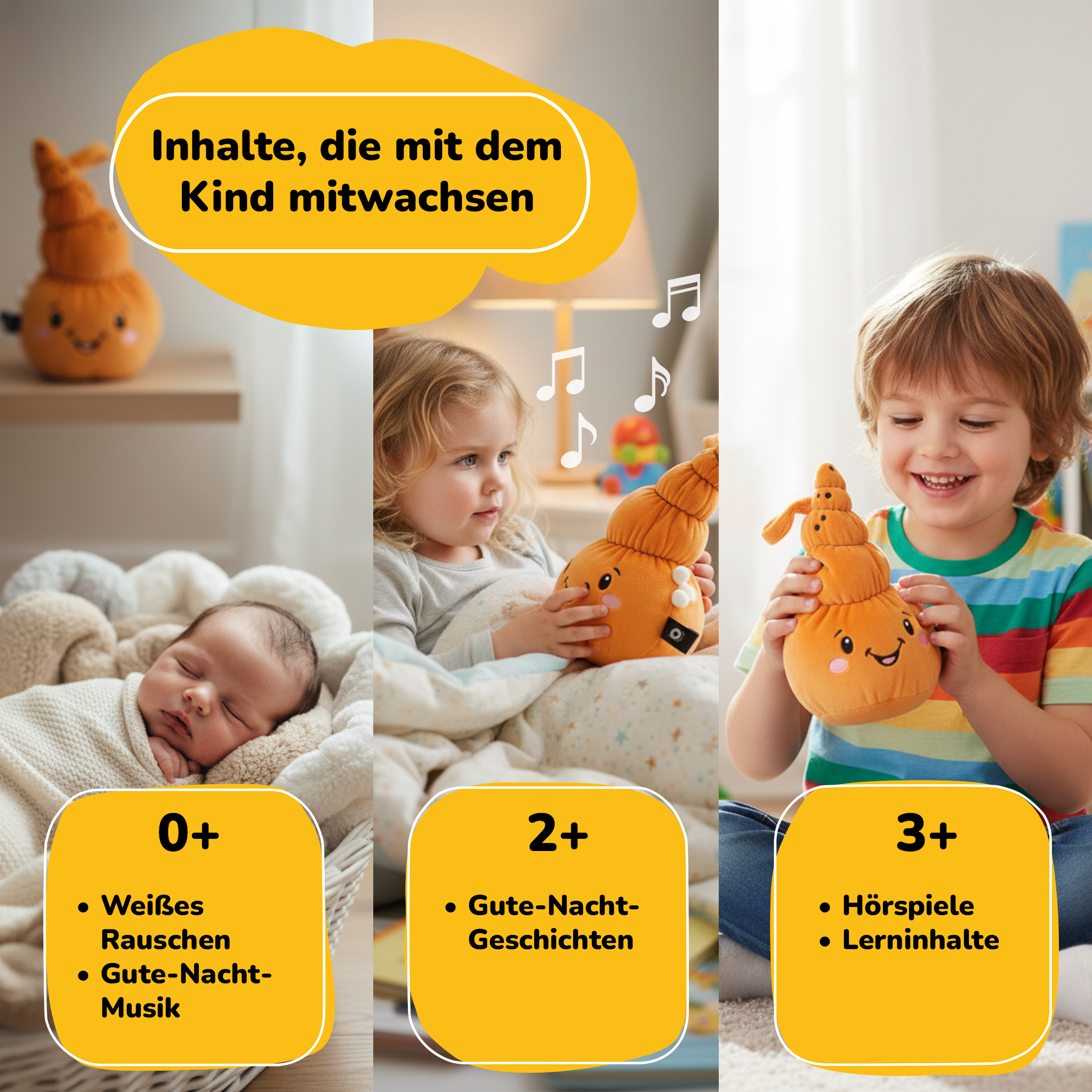 Eine Collage zeigt ein Baby, ein Kleinkind und ein Kind mit einem Kuscheltier.