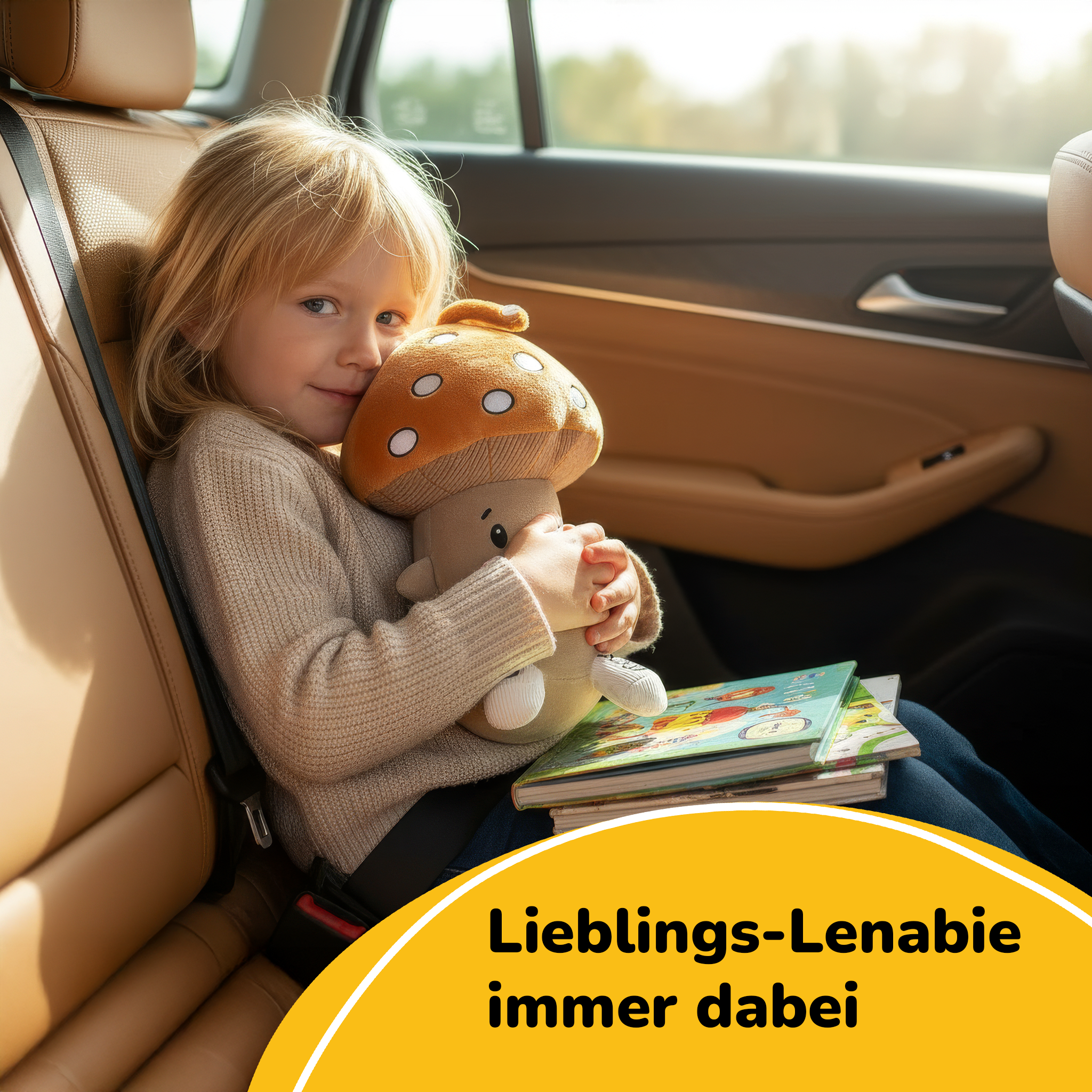 Ein Mädchen sitzt im Auto und umarmt ein Pilz-Stofftier neben Büchern.