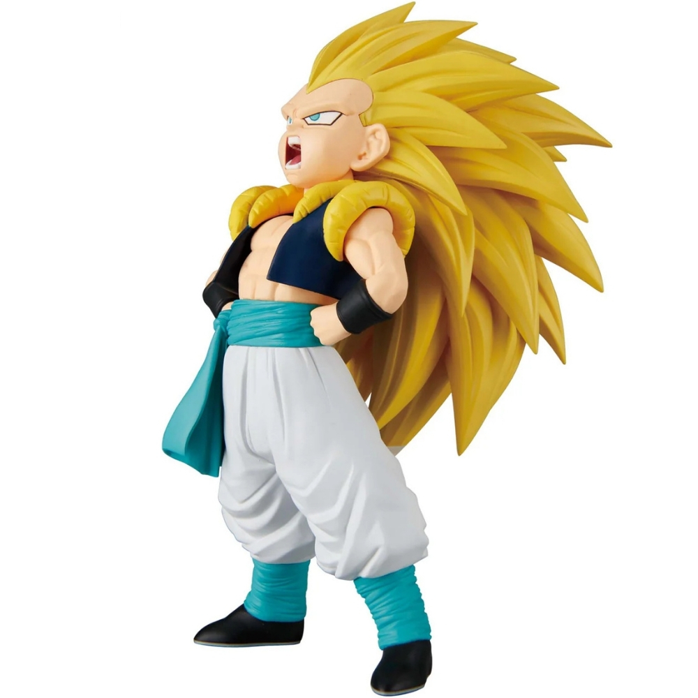 Figura de Gotenks SSJ3 con pelo amarillo, chaleco azul y pantalones blancos.
