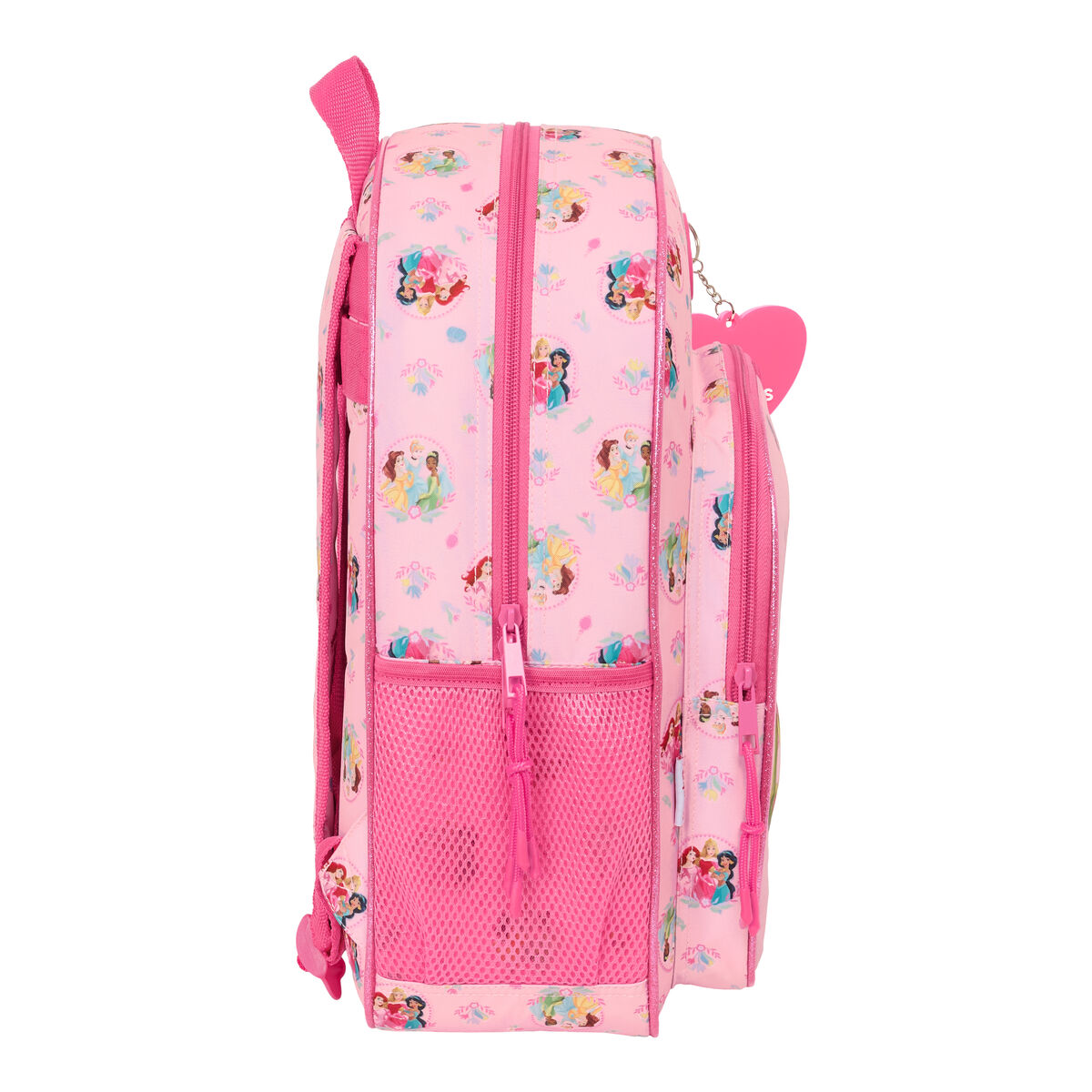 Ein pinker Rucksack mit Disney-Prinzessinnen-Aufdruck, mit Netzfächern und Herzanhänger.