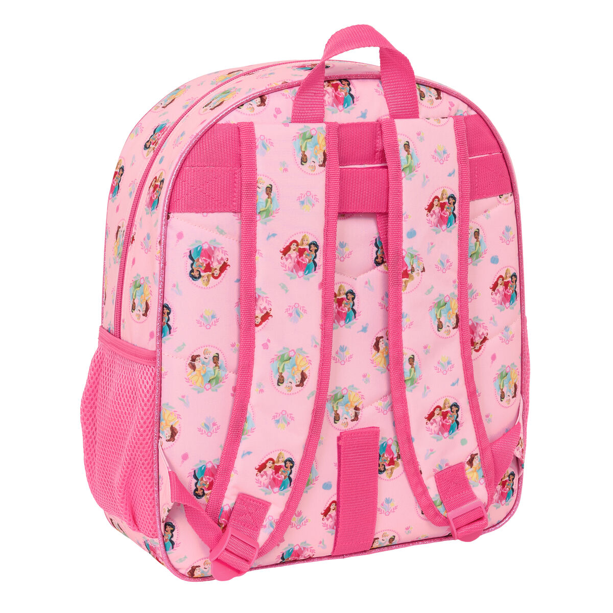 Ein rosa Rucksack mit Disney-Prinzessinnen-Motiv und Netzseitentaschen.