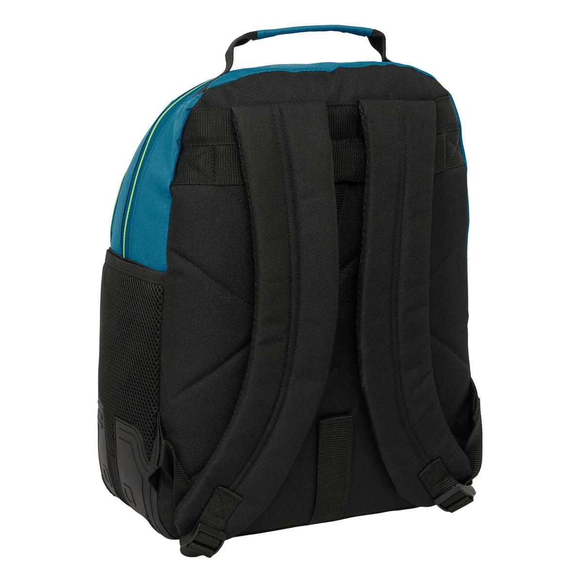 Ein blauer und schwarzer Rucksack mit gepolsterten Trägern und Netztaschen.