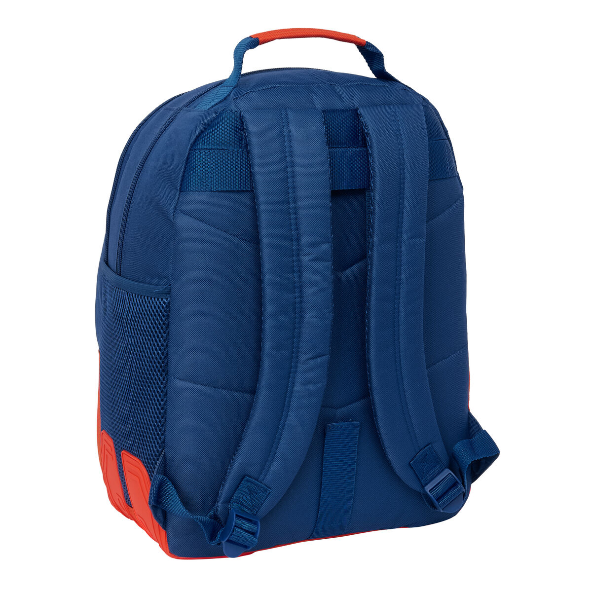 Zaino blu con manico arancione e accenti rossi.