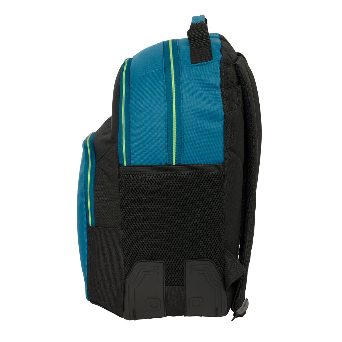 Blauer Rucksack mit schwarzen und gelben Akzenten, Seitenansicht.