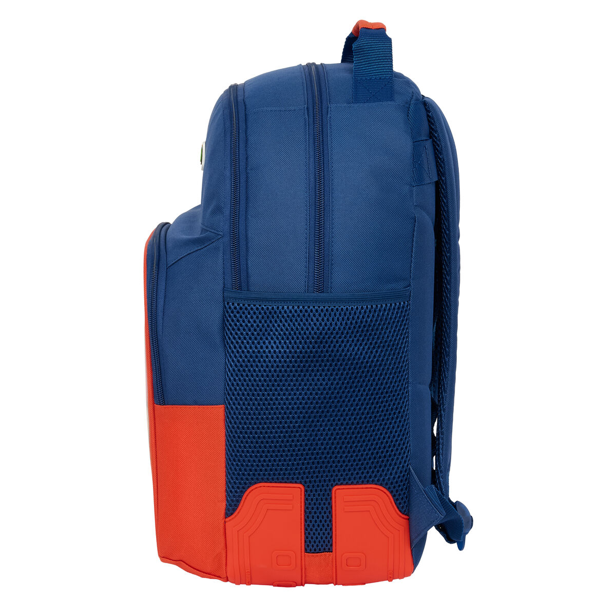 Uno zaino blu con accenti arancioni e tasche in rete.