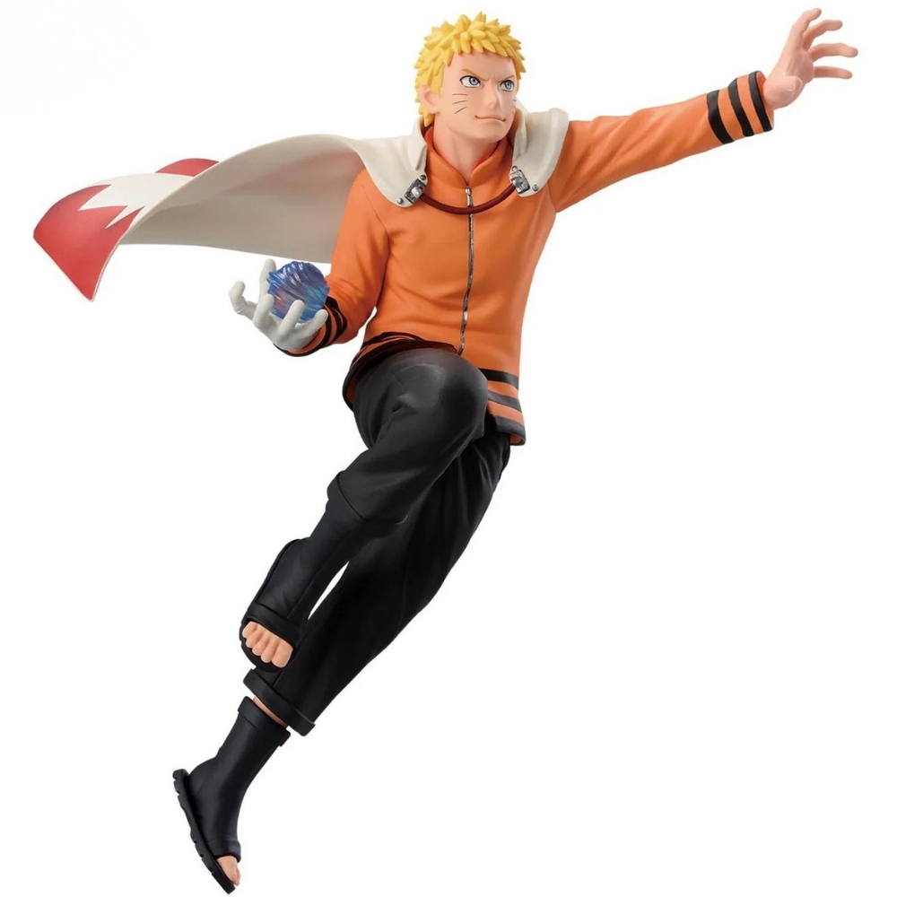 Naruto Uzumaki con chaqueta naranja, pantalones negros, sosteniendo una esfera azul.