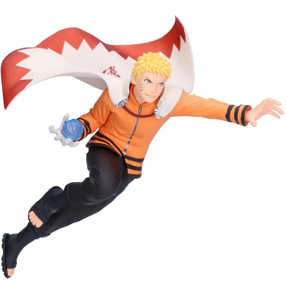 Naruto con chaqueta naranja y capa roja, sosteniendo orbe azul.