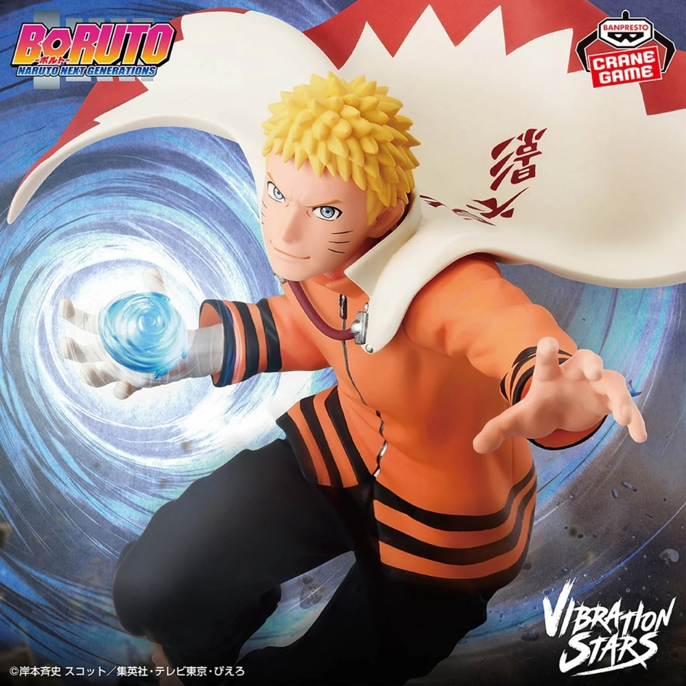 Figura de Naruto con traje naranja y capa blanca, sosteniendo una esfera de energía azul.