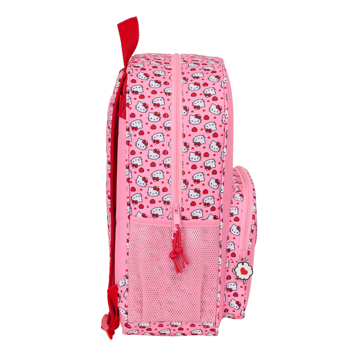 Pinker Rucksack mit Hello Kitty Motiv und roten Akzenten. Seitentasche mit Reißverschluss.