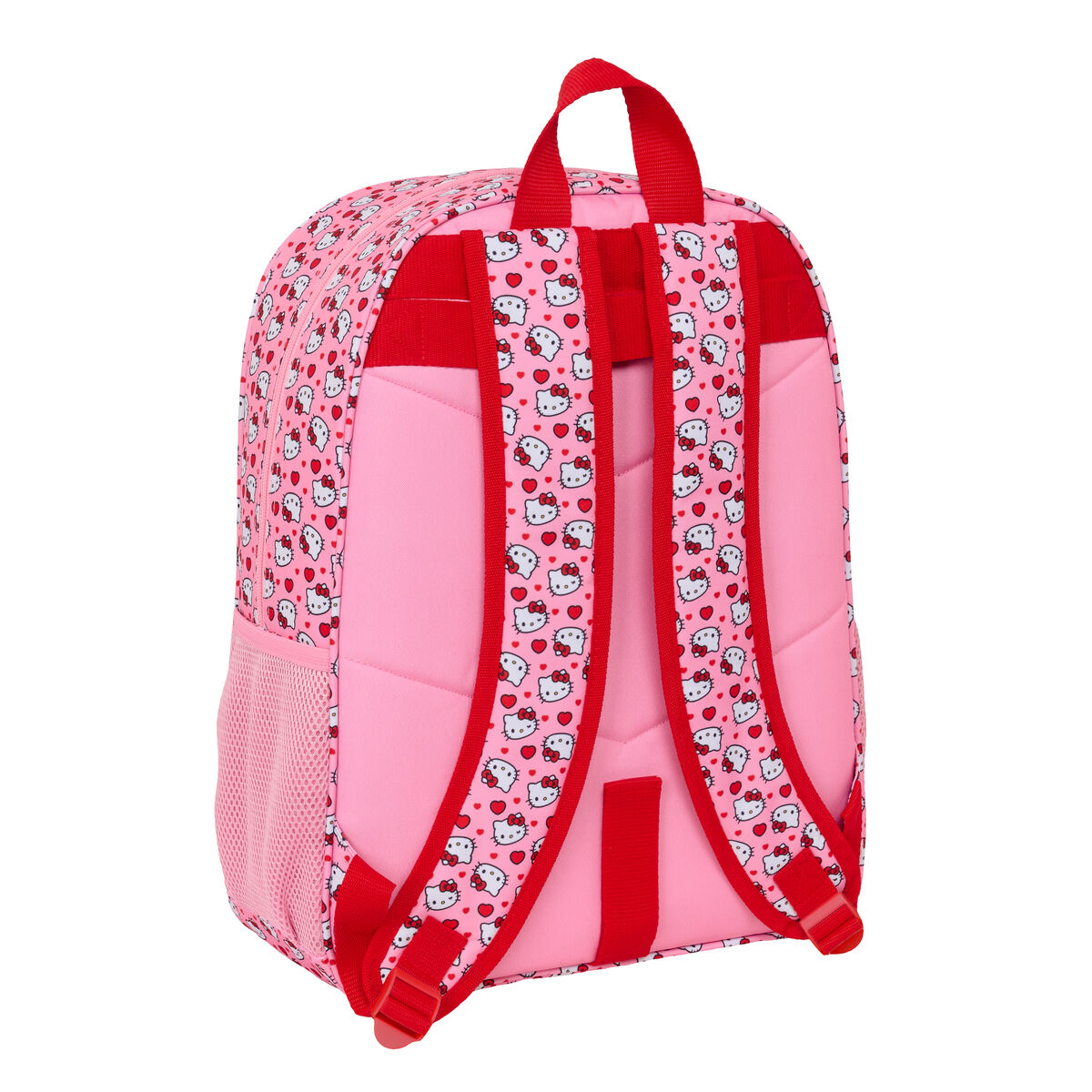 Pinker Rucksack mit Hello Kitty Motiv und roten Trägern.