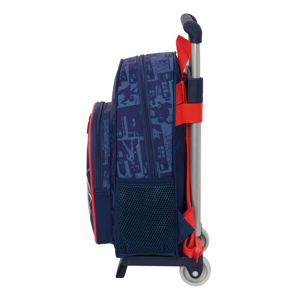 Ein blauer Rollkoffer mit Spiderman-Muster und roten Akzenten.