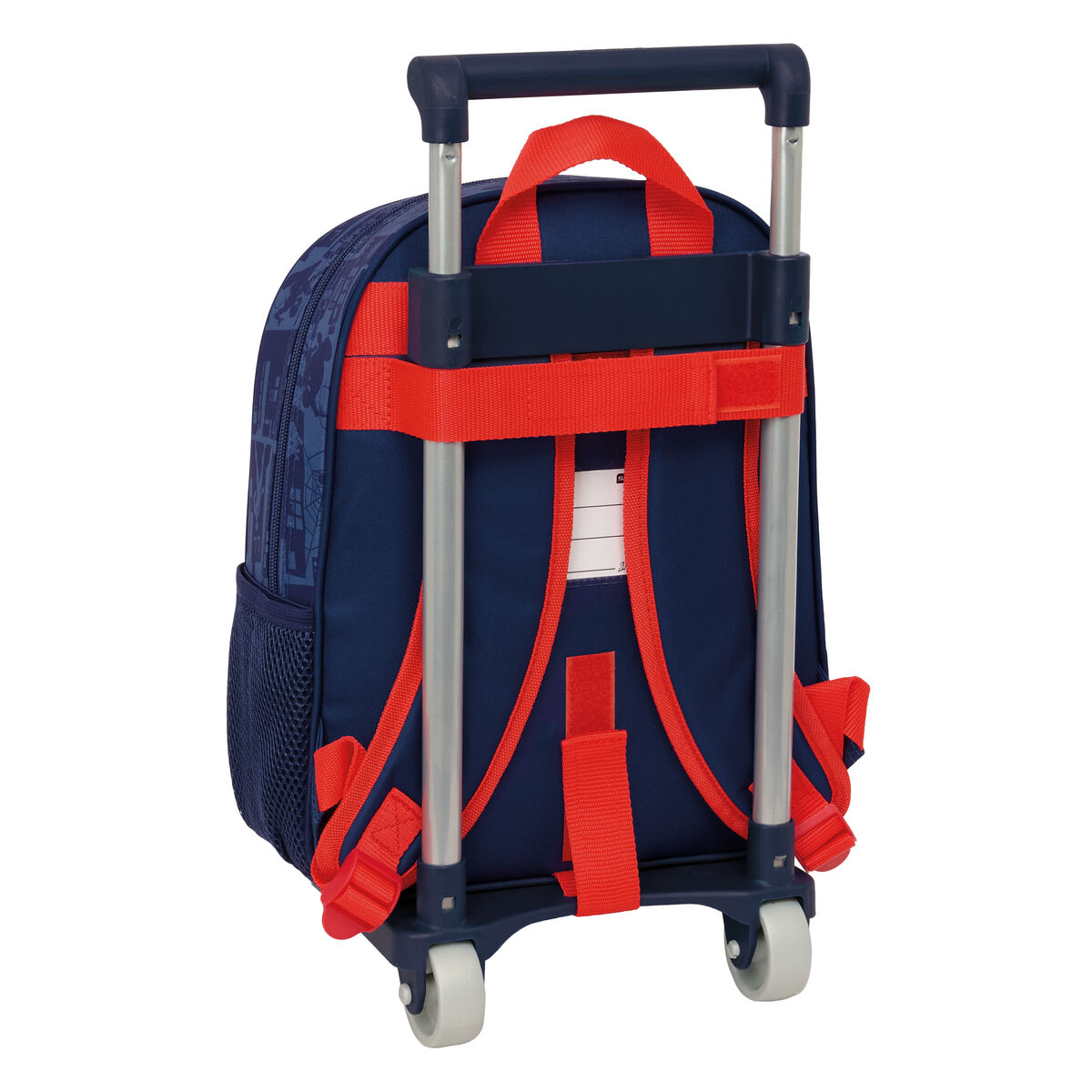 Ein marineblauer Rucksack mit Rollen und roten Akzenten, mit ausziehbarem Griff.