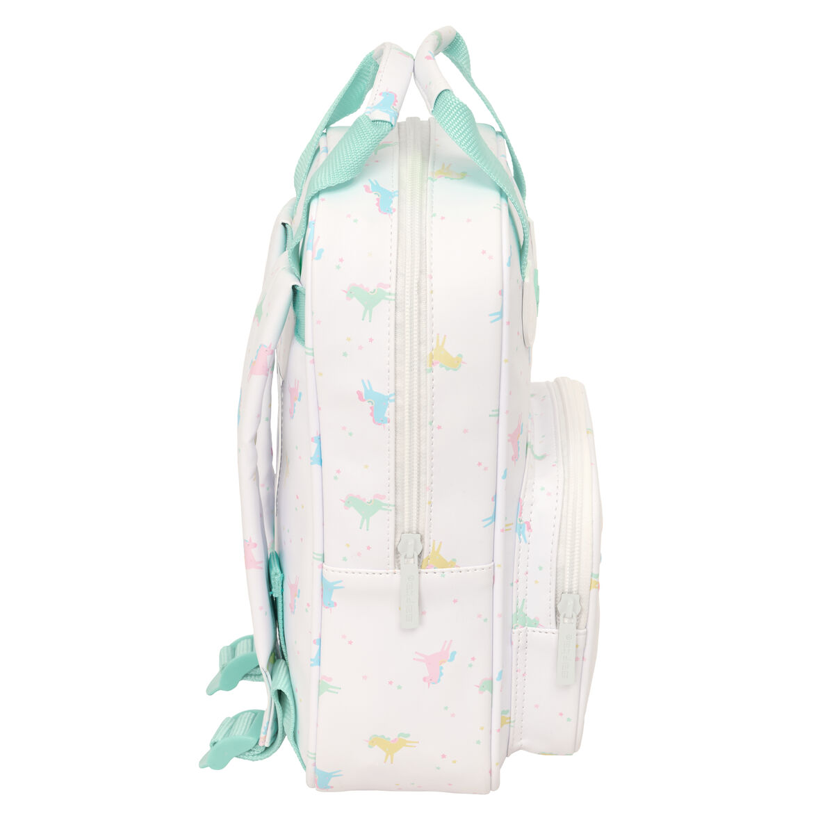 Rucksack mit Einhorn- und Sternenmuster in Pastellfarben, mit mintgrünen Trägern.