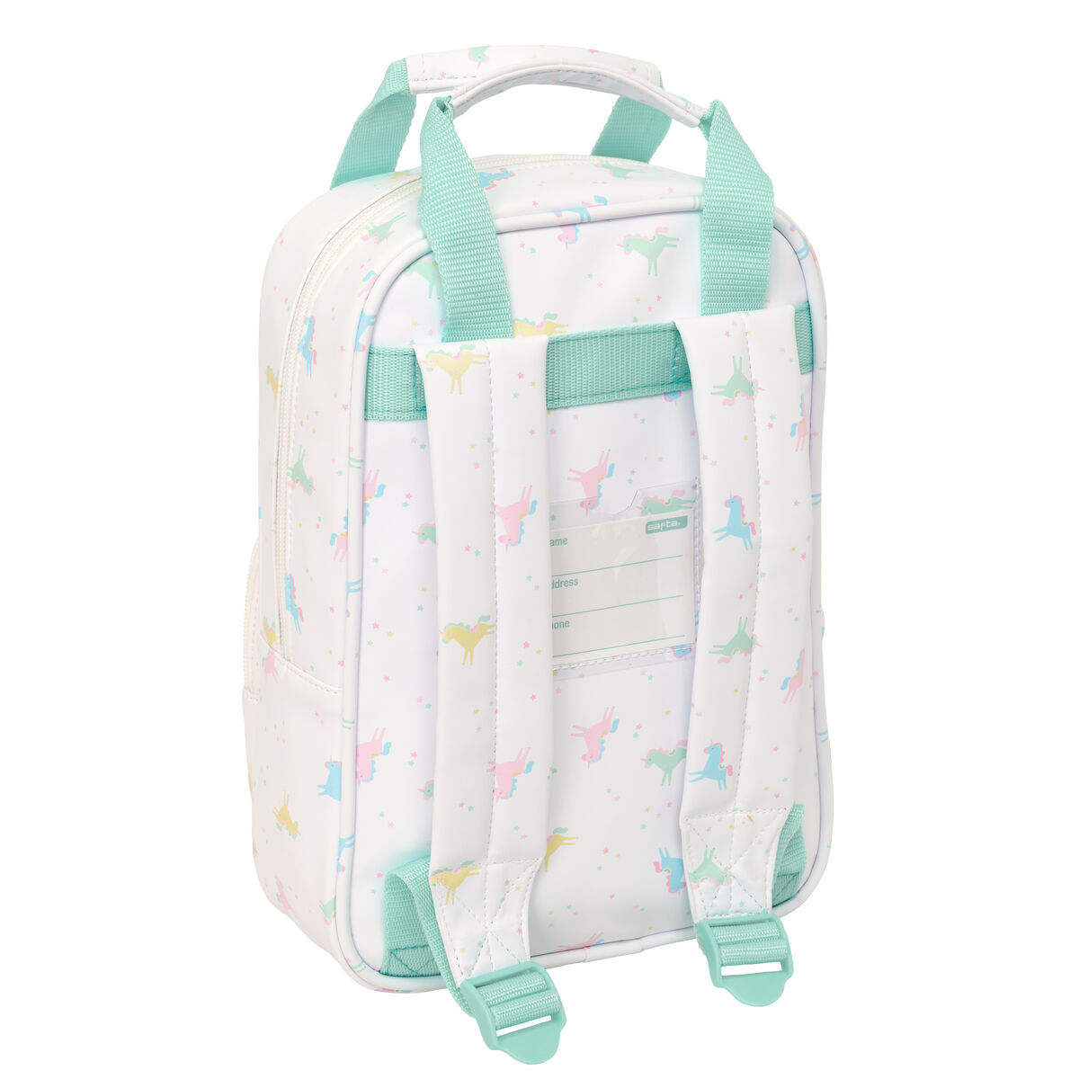 Ein weißer Rucksack mit pastellfarbenen Einhörnern und Sterne.