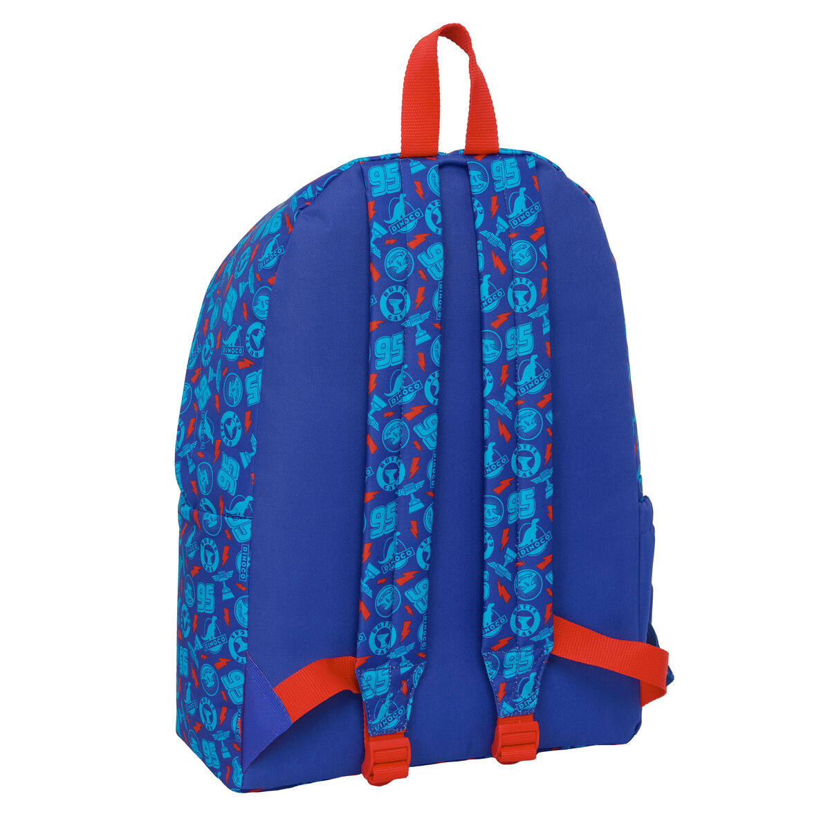 Ein blauer Rucksack mit Dino- und Nummer 95-Aufdruck und roten Trägern.
