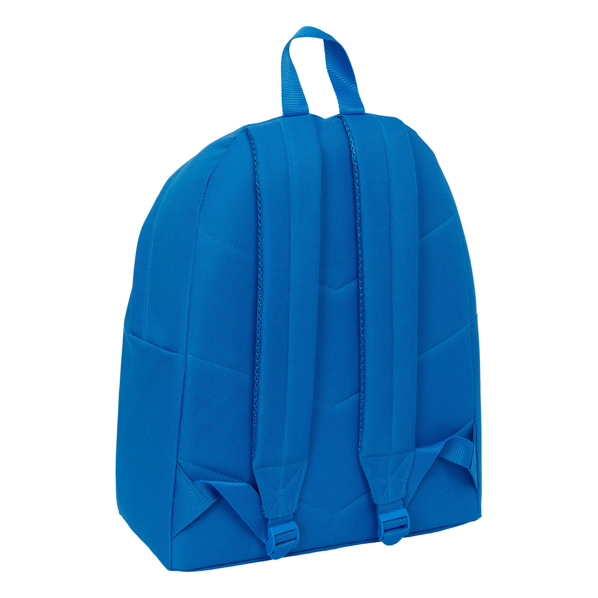 Ein blauer Rucksack mit gepolsterten Trägern und einer Schlaufe oben.