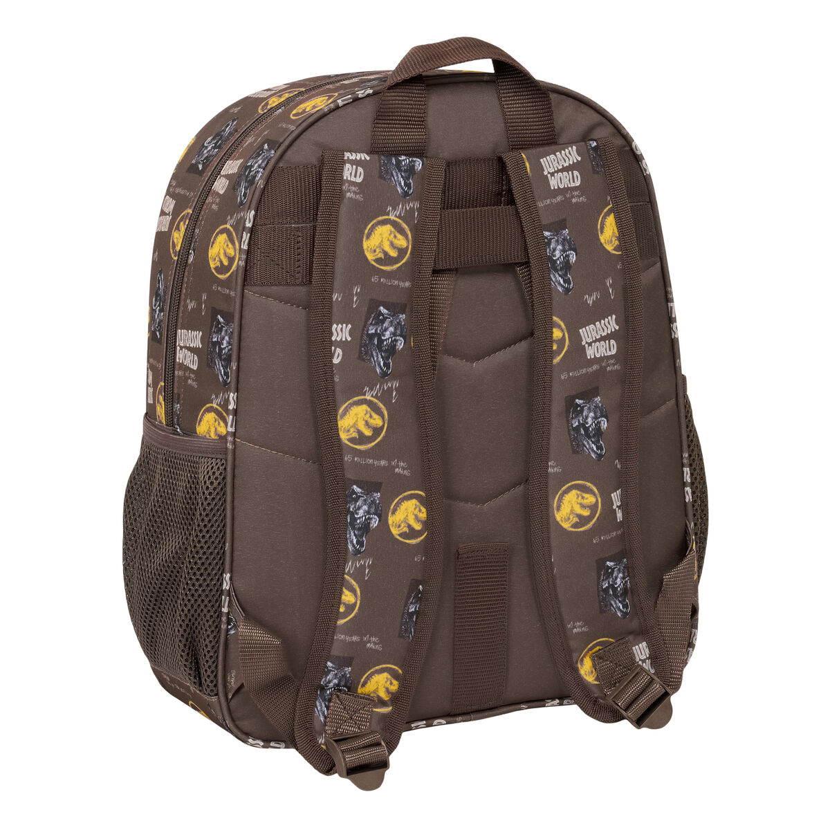 Brauner Rucksack mit Jurassic World-Dino-Muster, Reißverschluss und Seitentaschen.