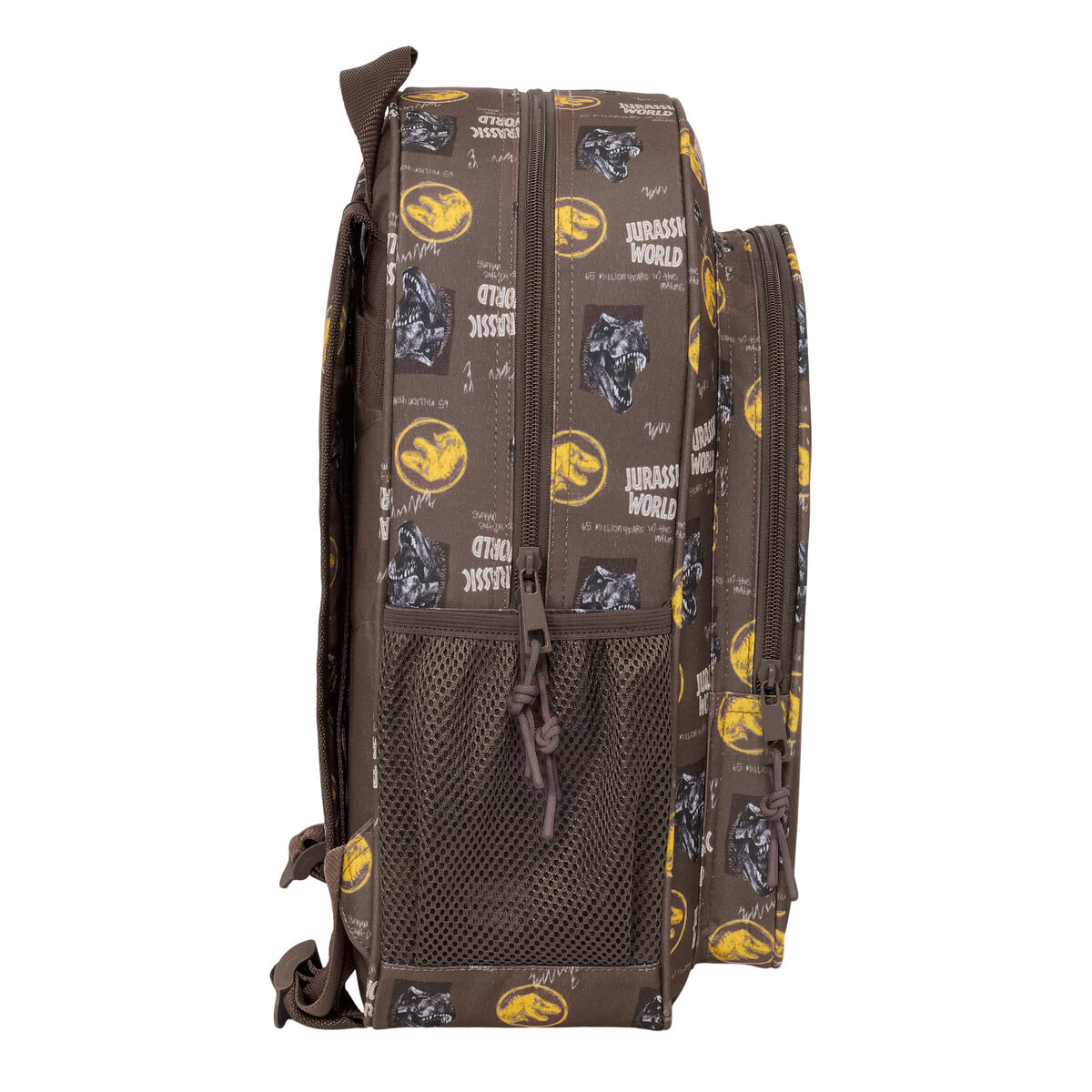 Brauner Rucksack mit Jurassic World-Dino-Aufdruck und Netzseitentasche.