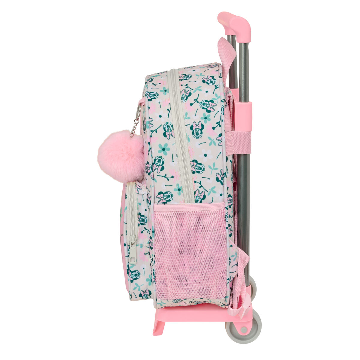 Ein rosa Rollkoffer-Rucksack mit Blumenmuster und Micky-Maus-Motiven.