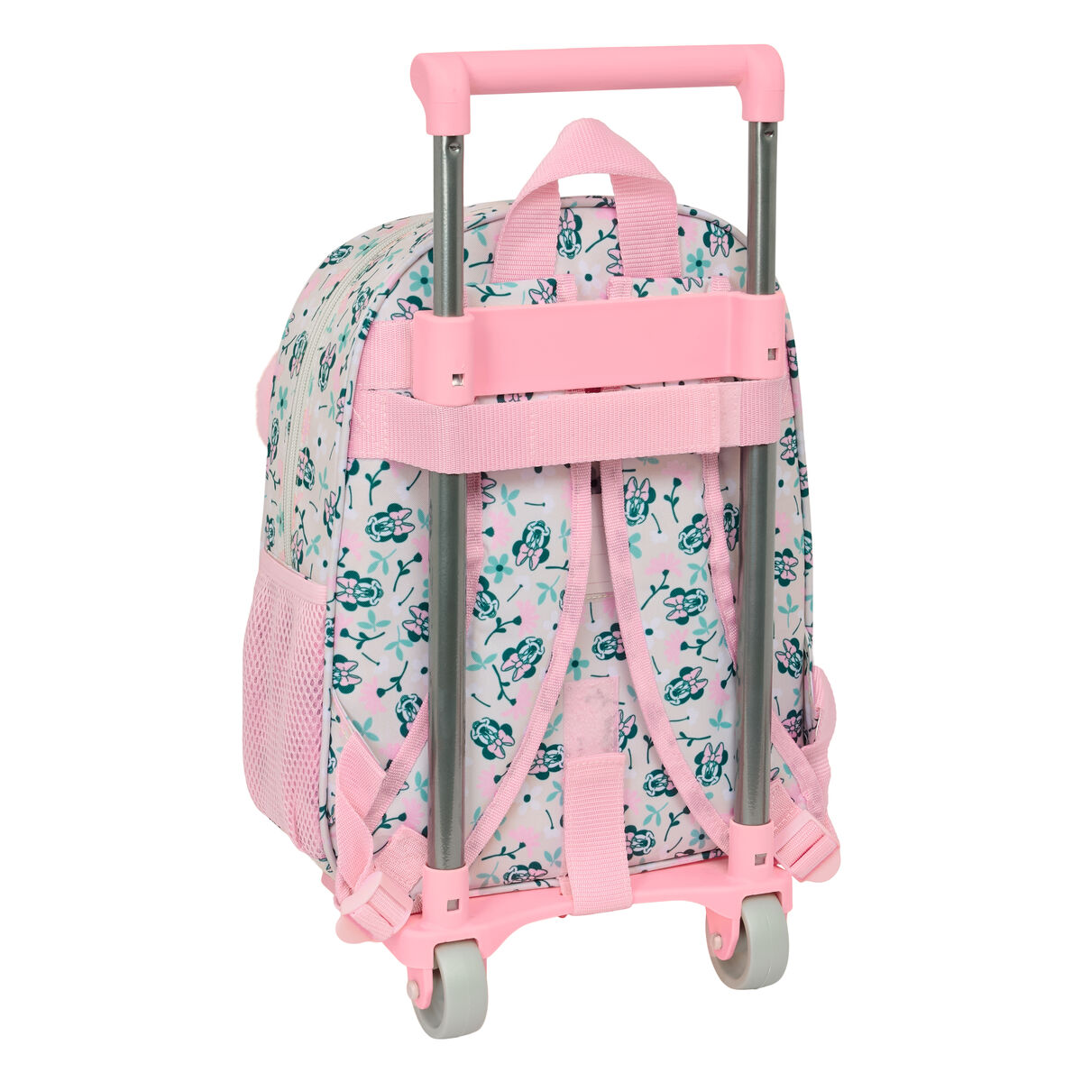 Ein rosa Rollkoffer-Rucksack mit Blumen- und Minnie-Maus-Muster.