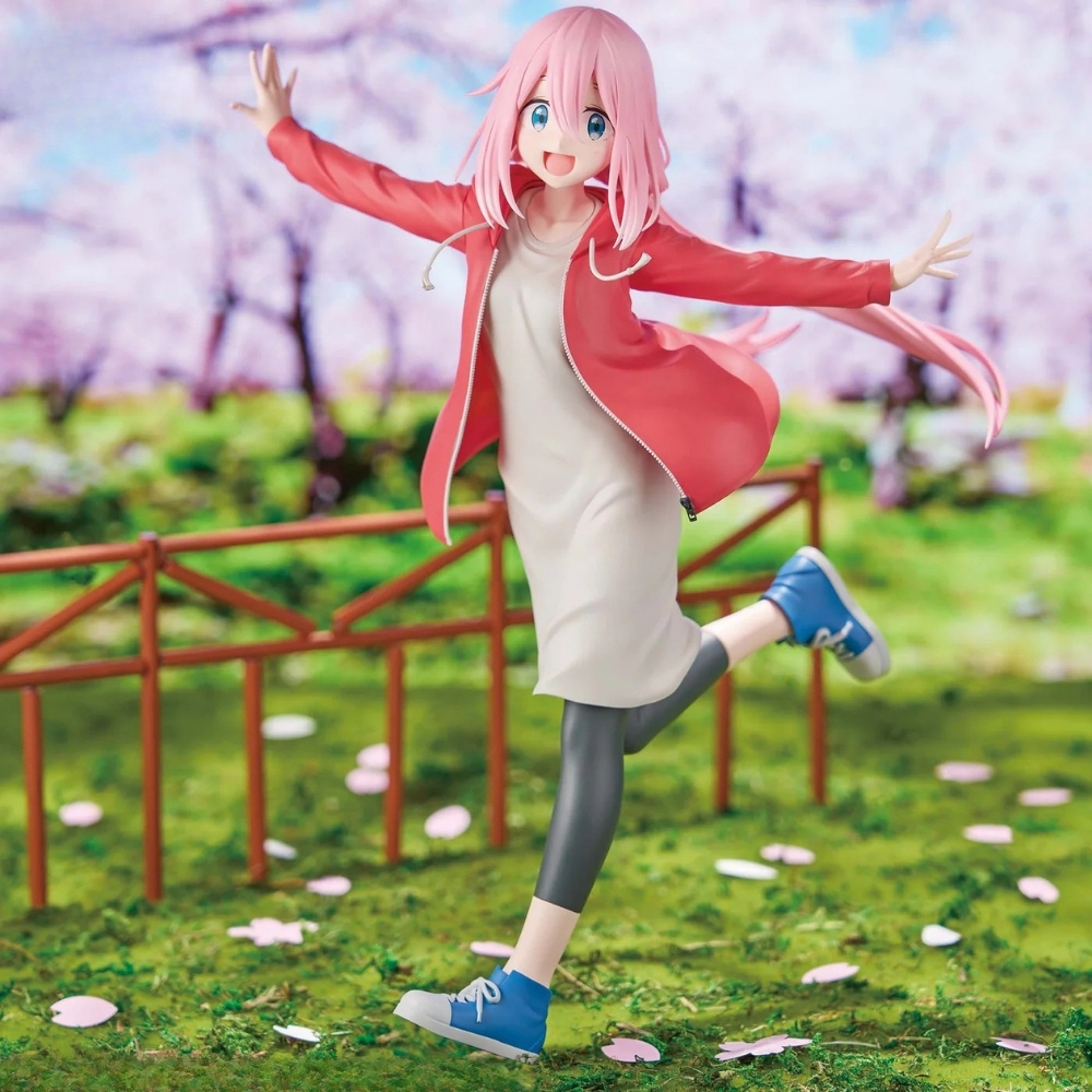 Anime-Figur mit rosa Haaren rennt im Freien vor blühenden Kirschbäumen.