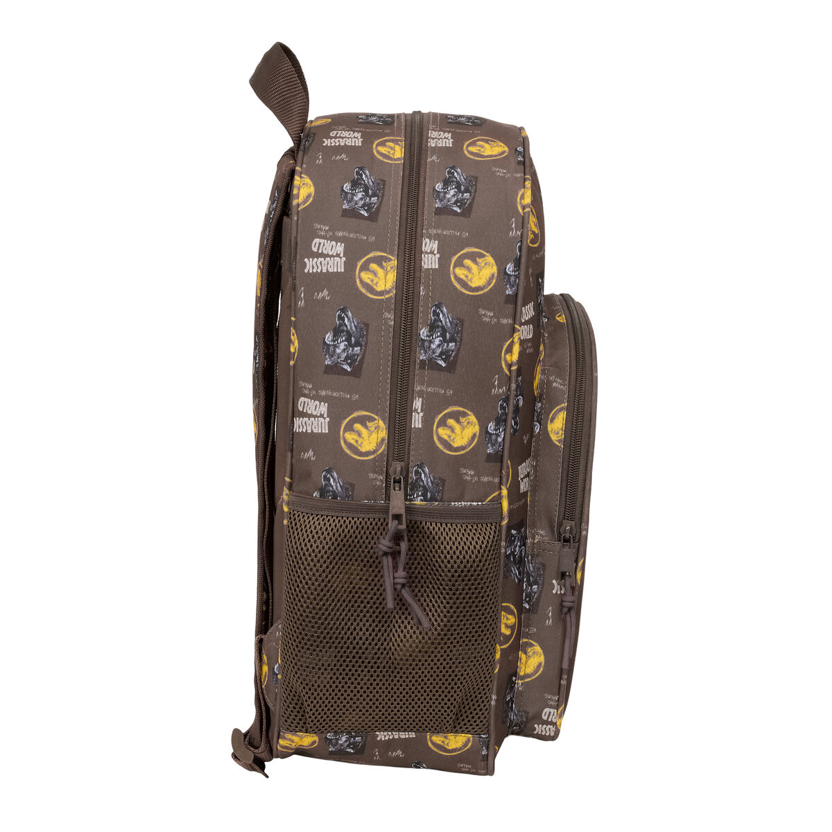 Brauner Rucksack mit Jurassic World-Druck von Dinosauriern und Logos.