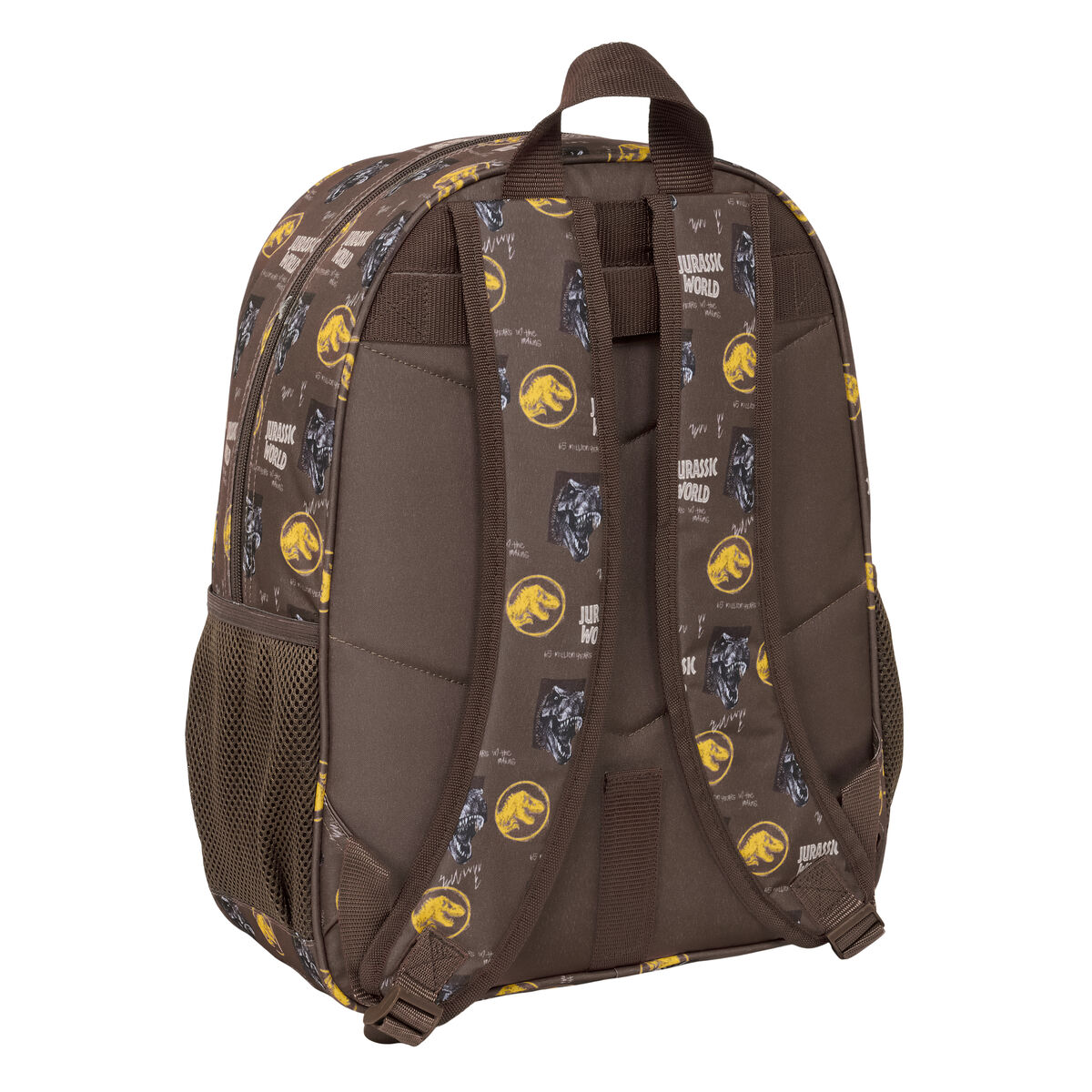 Brauner Rucksack mit Jurassic World-Dino-Aufdruck, mit Netzseitentasche.